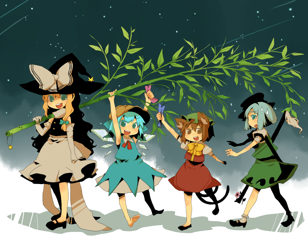 azuma seiji, chen, cirno, kirisame marisa, konpaku youmu, touhou, 4girls, animal ears, bamboo, barefoot, blonde hair, blue hair, brown hair, cat ears, cat girl, cat tail, female focus, flower, hair ribbon, hat, katana, long hair, multiple girls, multiple tails, ribbon, short hair, sweat, sword, tail, tanabata, weapon, witch, witch hat