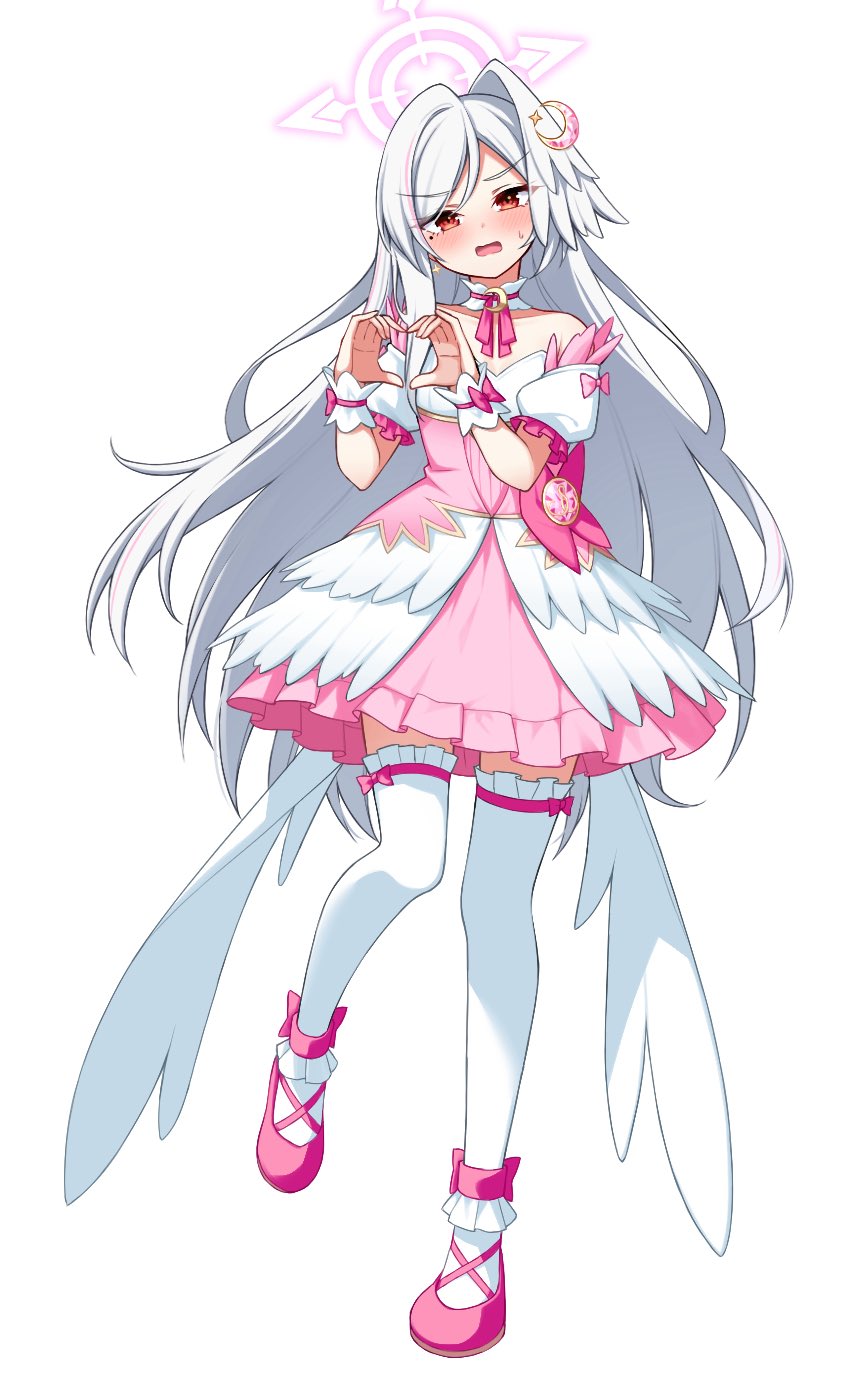 hoshino reiji, suzumi (blue archive), suzumi (magical) (blue archive), blue archive, highres, 1girl, bare shoulders, blush, bow, dress, full body, grey hair, halo, heart, heart hands, long hair, looking at viewer, official alternate costume, open mouth, pink bow, pink dress, pink shoes, puffy short sleeves, puffy sleeves, red eyes, shoes, short sleeves, simple background, solo, standing, thighhighs, very long hair, white background, white thighhighs, white wings, wings, zettai ryouiki