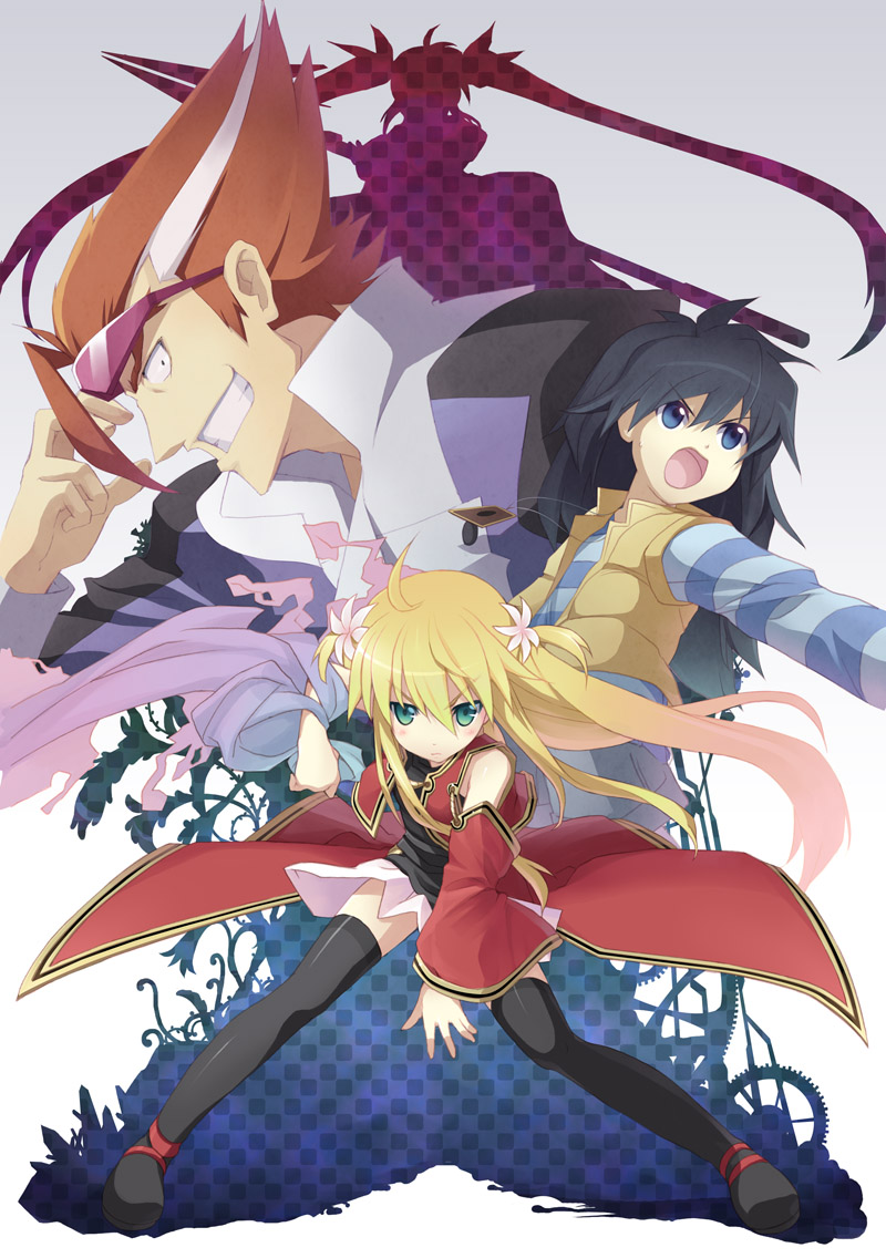 minamura haruki, mokuba, arisa bunnings, kaiba mokuba, raising heart, straight cougar, takamachi nanoha, lyrical nanoha, mahou shoujo lyrical nanoha, mahou shoujo lyrical nanoha a's, mahou shoujo lyrical nanoha strikers, scryed, yu-gi-oh!, yu-gi-oh! duel monsters, yuu-gi-ou, 00s, black hair, blonde hair, blue eyes, crossover, detached sleeves, glasses, green eyes, long hair, multicolored hair, silhouette, sunglasses, thighhighs, twintails, two-tone hair