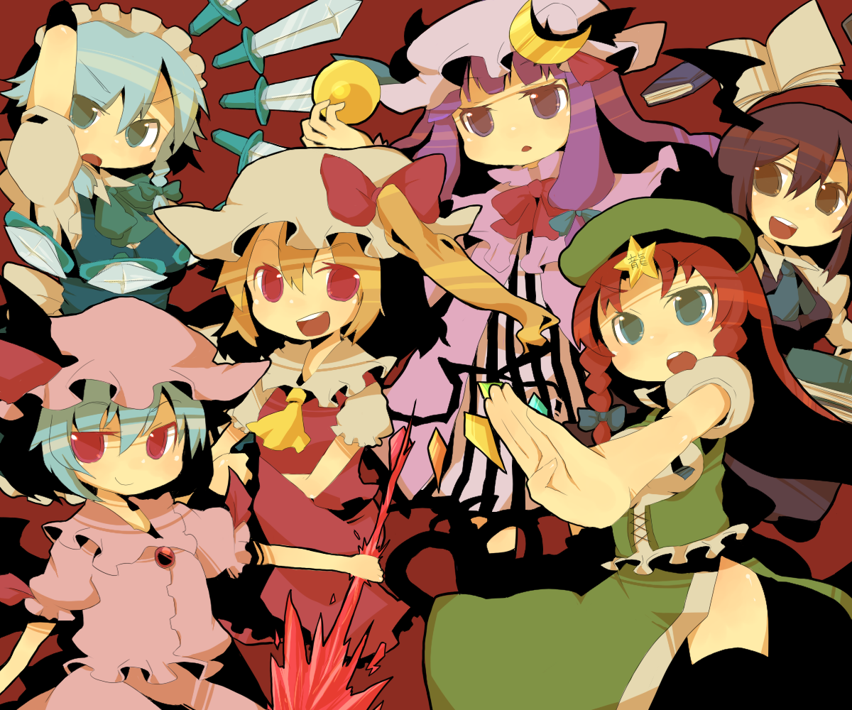 azuma seiji, flandre scarlet, hong meiling, izayoi sakuya, koakuma, patchouli knowledge, remilia scarlet, embodiment of scarlet devil, touhou, 6+girls, aqua eyes, black hair, blonde hair, blue hair, braid, brown eyes, dress, female focus, foreshortening, hat, head wings, knife, long hair, maid, maid headdress, mob cap, multiple girls, purple hair, red eyes, red hair, short hair, skirt, throwing knife, twin braids, weapon, wings