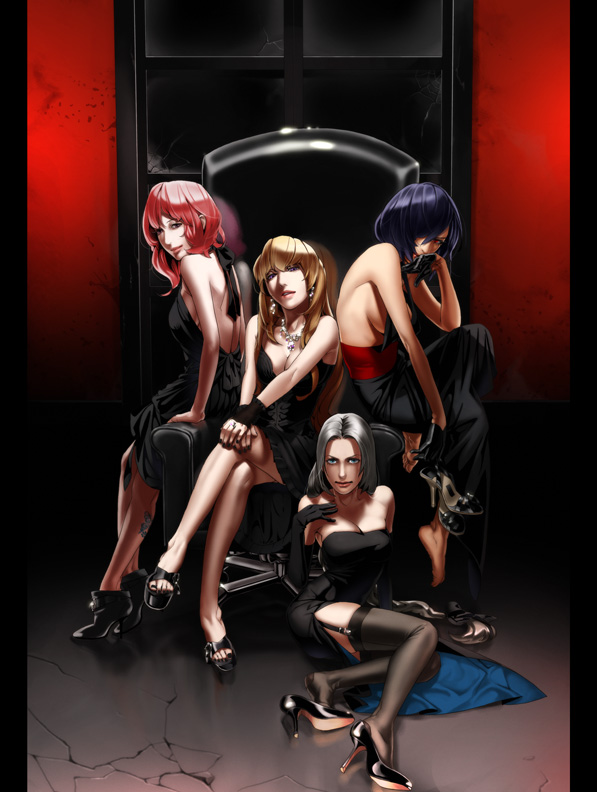fugi jis, saigyouji yuyuko, yagokoro eirin, yakumo yukari, yasaka kanako, touhou, silver hair, 4girls, blonde hair, breasts, contemporary, crossed legs, d'orsay heels, dress, elbow gloves, feet, female focus, formal clothes, garter straps, gloves, high heels, jewelry, large breasts, medium breasts, multiple girls, nail polish, necklace, pink hair, purple hair, realistic, shoe dangle, shoes, sideboob, sitting, tattoo, thighhighs