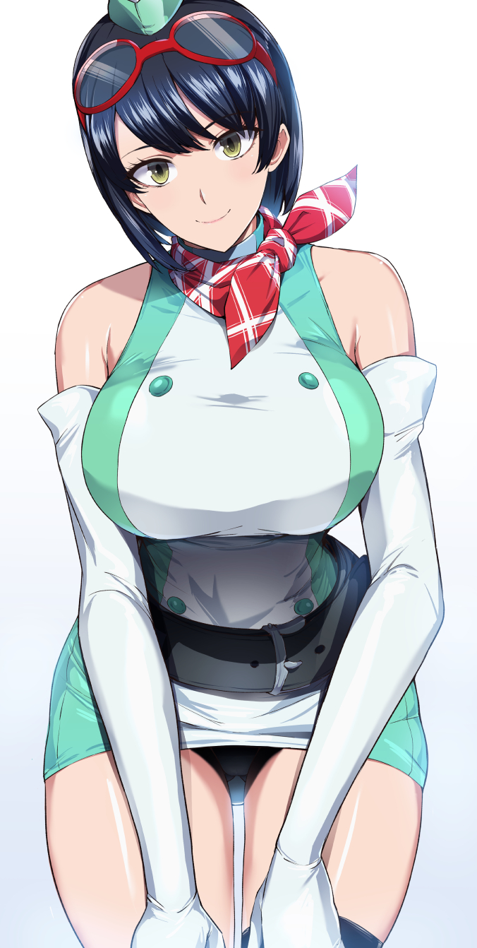 kumakichi (cost-lost), yuuki kanan, digimon, digimon story: time stranger, highres, 1girl, bare shoulders, belt, black hair, black panties, black thighhighs, breasts, dress, garrison cap, goggles, goggles on head, green dress, green hat, hat, large breasts, looking at viewer, panties, red scarf, scarf, short dress, short hair, single thighhigh, smile, solo, thighhighs, two-tone dress, underwear, white dress, yellow eyes