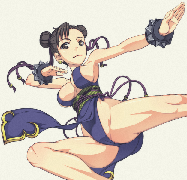 caryo, nanashino, chun-li, capcom, street fighter, street fighter iv (series), 1girl, alternate costume, breasts, double bun, earrings, female focus, hair bun, jewelry, large breasts, pelvic curtain, simple background, solo