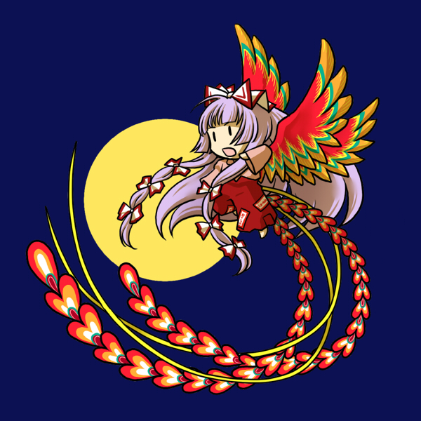 socha, fujiwara no mokou, touhou, 1girl, bird, chibi, female focus, full moon, moon, phoenix, simple background, solo, wings, | |