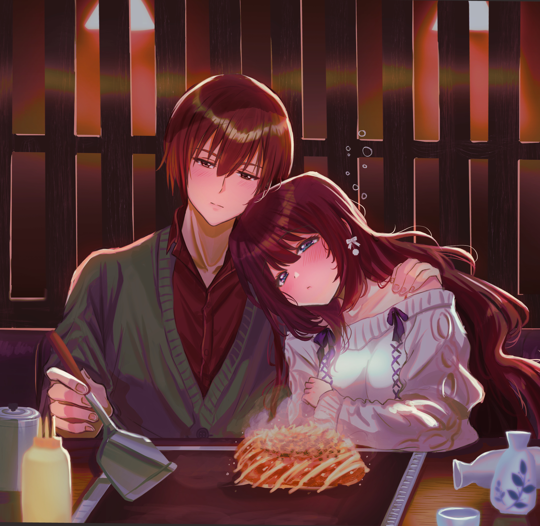 miiizuno lbs, a-chan (little busters!), natsume kyousuke, little busters!, commentary request, highres, 1boy, 1girl, alternate costume, bare shoulders, blue eyes, blush, bottle, bow, brown eyes, brown hair, cardigan, casual, closed mouth, couple, drunk, eyes visible through hair, food, green cardigan, hair between eyes, hair bow, half-closed eyes, hand on another's shoulder, head on another's shoulder, hetero, hug, indoors, leaning on person, long hair, long sleeves, off-shoulder sweater, off shoulder, okonomiyaki, red shirt, sake bottle, shirt, short hair, side-by-side, sitting, sleeves past wrists, sweater, upper body, very long hair, wavy hair, white bow, white sweater
