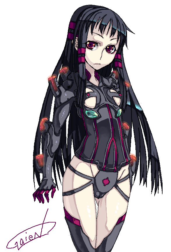 gaien, jakuri (ar tonelico), ar tonelico, ar tonelico ii, gust, multicolored legwear, 00s, 1girl, armor, black hair, black thighhighs, bodysuit, breasts, cameltoe, cowboy shot, female focus, frown, gloves, glowing, groin, highleg, highleg leotard, leotard, long hair, looking at viewer, neon trim, oekaki, red eyes, sideboob, sidelocks, simple background, small breasts, solo, thigh gap, thighhighs, very long hair, white background