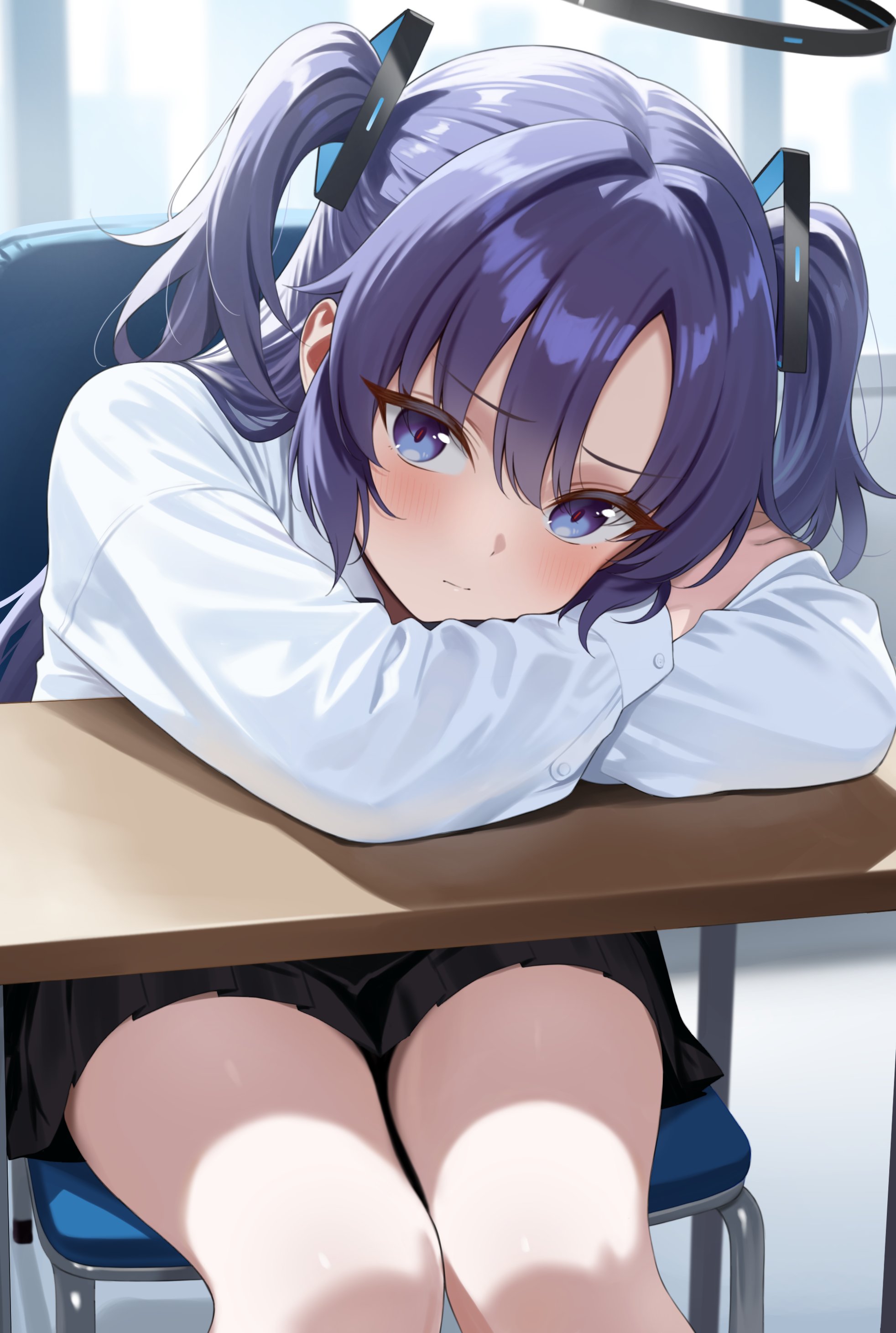 bigpicklesman, yuuka (blue archive), blue archive, absurdres, highres, 1girl, black skirt, blue eyes, blush, closed mouth, day, floating headgear, halo, headgear, indoors, long hair, long sleeves, mechanical halo, purple hair, red pupils, shirt, sitting, skirt, solo, thighs, two side up, white shirt
