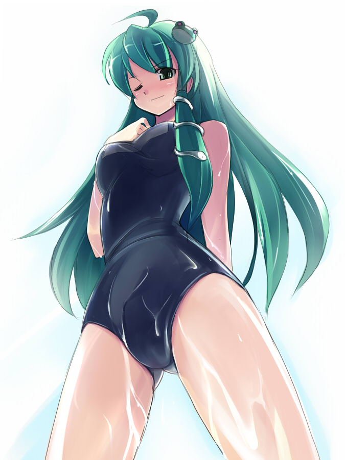 seo tatsuya, kochiya sanae, touhou, 1girl, female focus, frog, from below, green eyes, green hair, hair ornament, long hair, matching hair/eyes, one-piece swimsuit, one eye closed, school swimsuit, snake, solo, swimsuit, wet, wink
