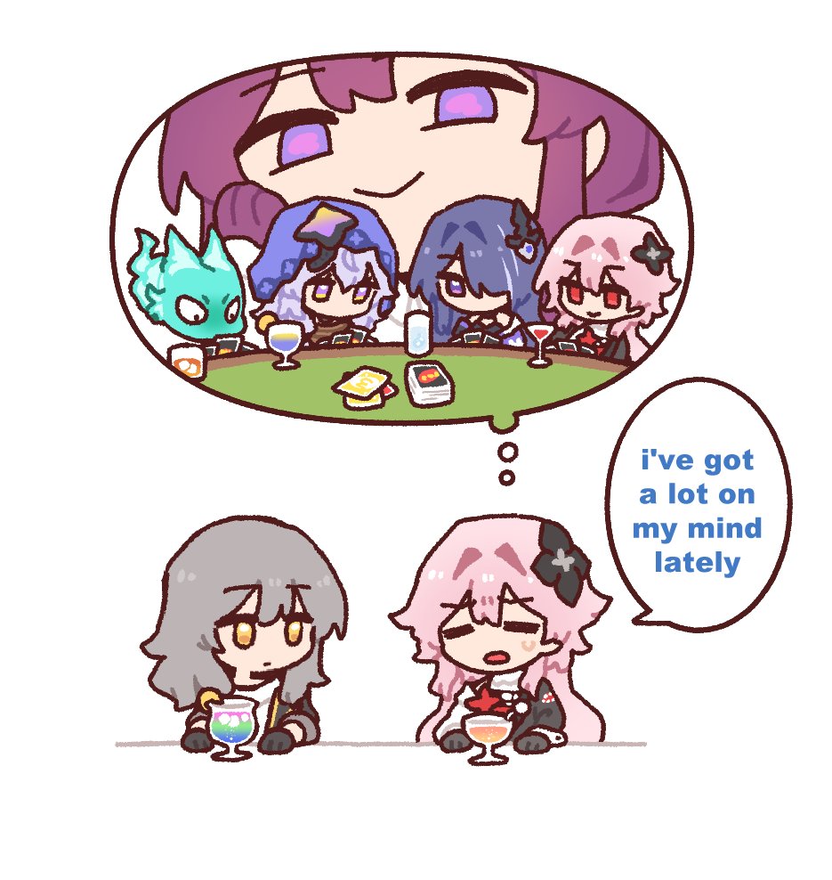 dorkdragoon, acheron (honkai: star rail), black swan (honkai: star rail), evernight (honkai: star rail), kafka (honkai: star rail), march 7th (honkai: star rail), stelle (honkai: star rail), tail (honkai: star rail), trailblazer (honkai: star rail), honkai: star rail, honkai (series), uno (game), revision, 6+girls, black flower, black gloves, card game, closed mouth, cocktail, cup, drinking glass, english text, flower, gloves, grey hair, hair flower, hair ornament, hair over one eye, long hair, looking at another, multiple girls, pink hair, purple eyes, purple hair, purple veil, red eyes, smile, speech bubble, thought bubble, veil, yellow eyes