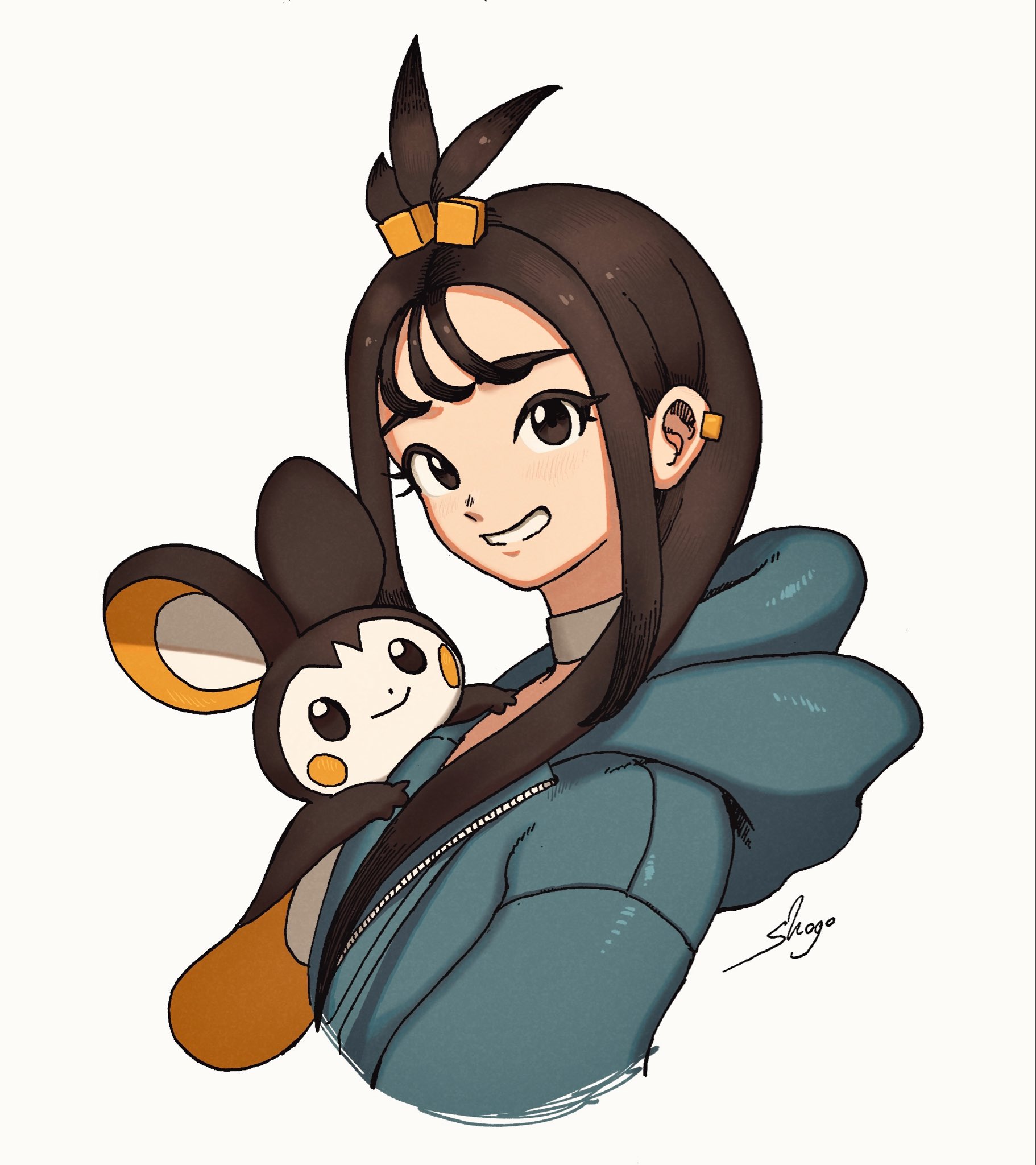 shogo (shogo70449442), emolga, lida (pokemon), nintendo, pokemon, pokemon legends: z-a, highres, 1girl, artist name, black eyes, black hair, cropped torso, cube hair ornament, eyelashes, from side, gen 5 pokemon, hair ornament, hood, hood down, hoodie, looking at viewer, pokemon (creature), signature, smile, upper body, white background