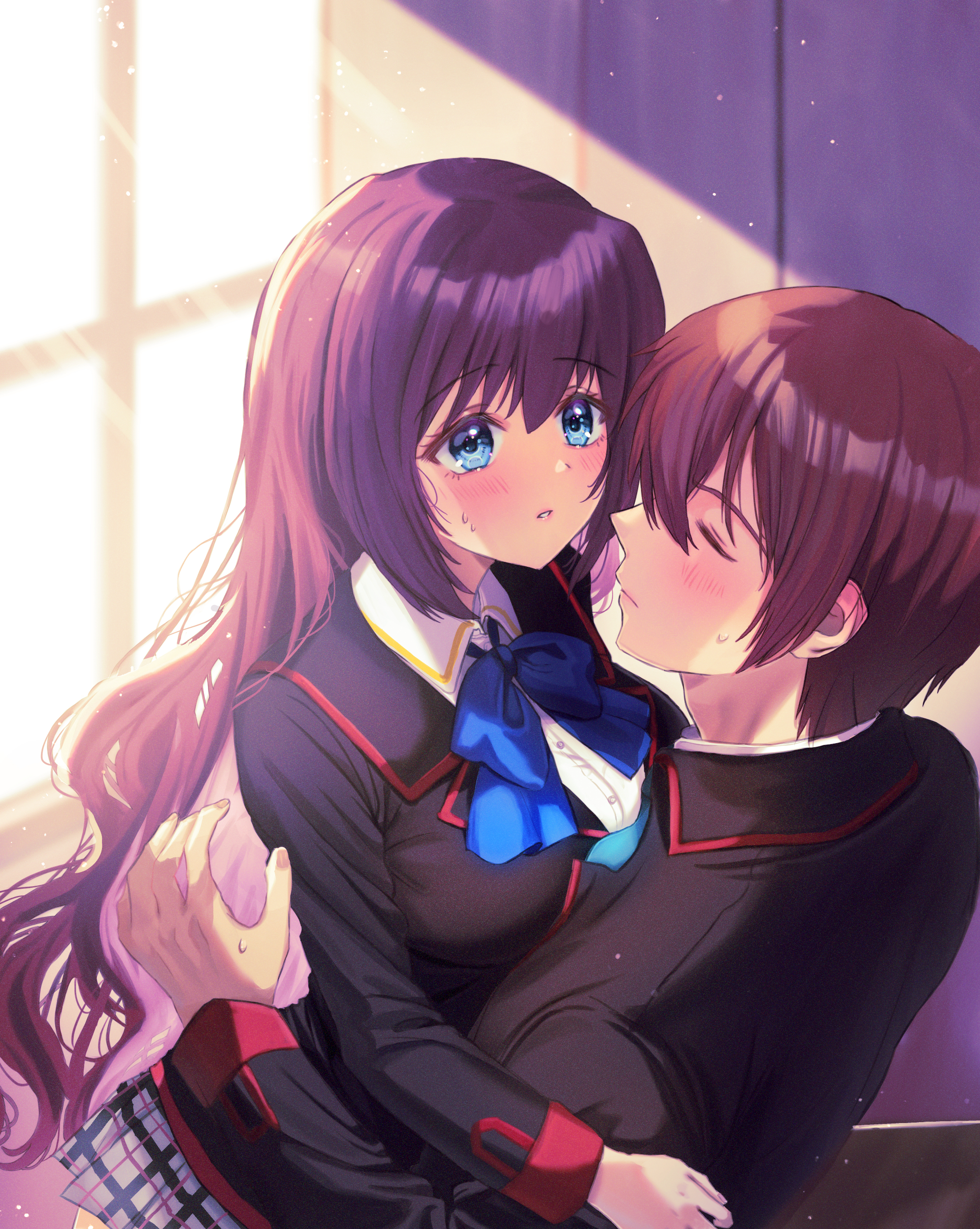miiizuno lbs, a-chan (little busters!), natsume kyousuke, little busters!, absurdres, commentary request, highres, 1boy, 1girl, artist name, backlighting, black jacket, blazer, blue bow, blue bowtie, blue eyes, blush, bow, bowtie, breasts, brown hair, closed eyes, collared shirt, day, eyelashes, facing another, feigning sleep, film grain, from side, hand up, hetero, hug, indoors, jacket, large breasts, light particles, light rays, little busters! school uniform, long hair, long sleeves, looking at another, parted lips, profile, school uniform, shirt, short hair, shy, sidelocks, straight hair, sunbeam, sunlight, sweatdrop, upper body, very long hair, wavy hair, white shirt, window