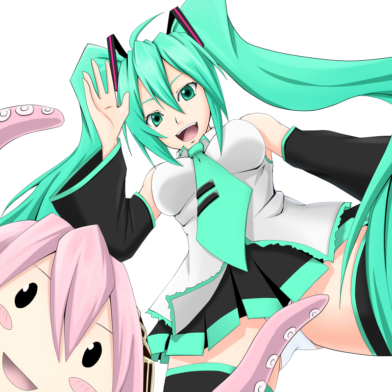 akitsuki karasu, hatsune miku, megurine luka, takoluka, vocaloid, bad id, bad pixiv id, detached sleeves, from below, green eyes, green hair, long hair, panties, pantyshot, pink hair, tentacles, thighhighs, twintails, underwear, upskirt, very long hair, white panties