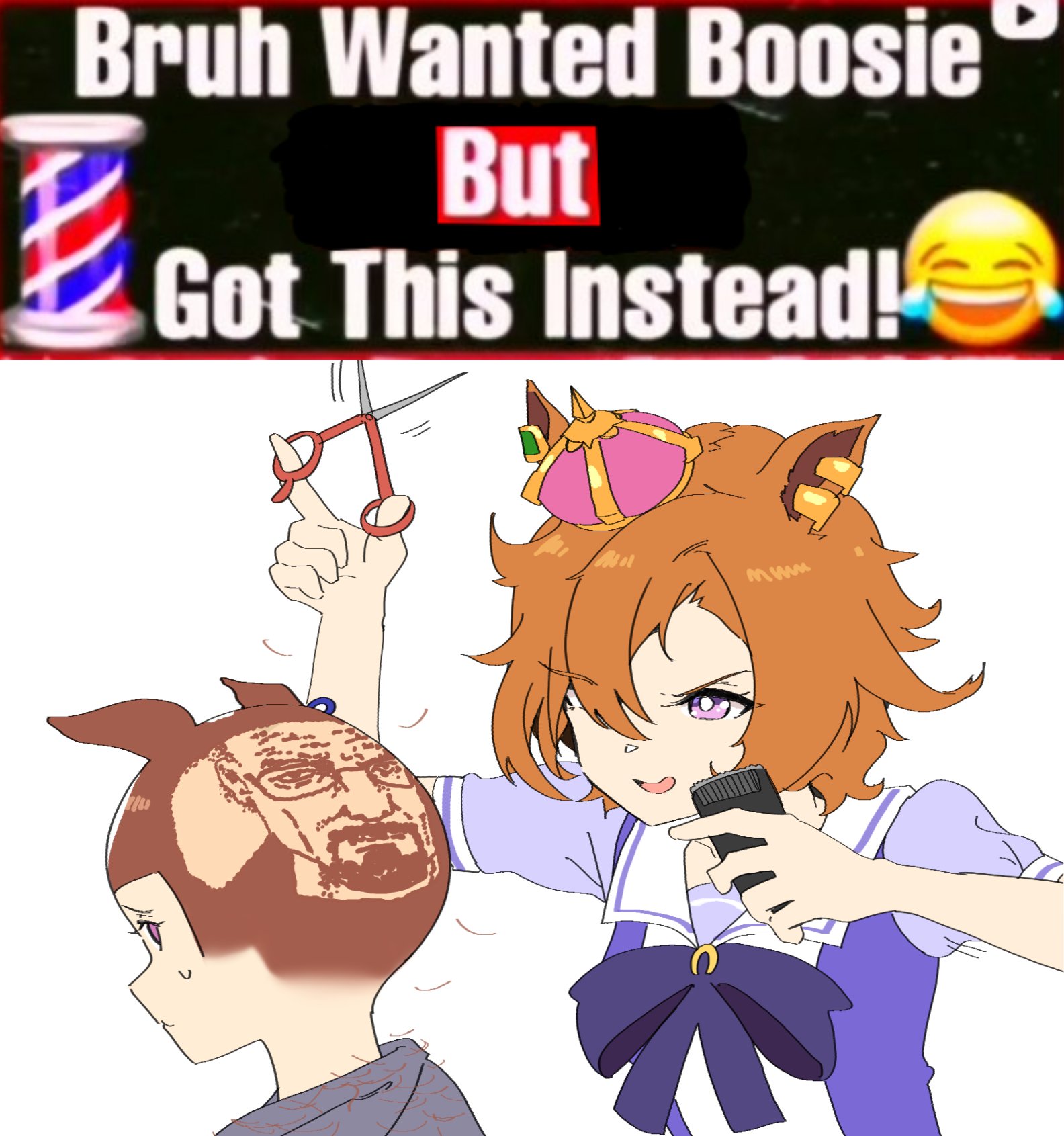 archives.gokulism, meisho doto (umamusume), t.m. opera o (umamusume), walter white, umamusume, umamusume: beginning of a new era, umamusume: road to the top, highres, ahoge, animal ears, bow, breasts, brown hair, crown, ear ornament, ear piercing, ear ribbon, hair between eyes, horse ears, horse girl, mini crown, multiple girls, open mouth, orange hair, piercing, pink crown, purple eyes, school uniform, shirt, short hair, smile, tracen school uniform