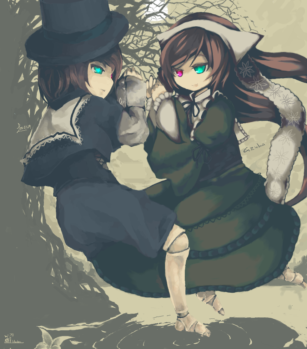 azuma seiji, souseiseki, suiseiseki, rozen maiden, bad id, bad pixiv id, 00s, 2girls, aqua eyes, barefoot, brown hair, doll joints, hat, headscarf, heterochromia, joints, long hair, multiple girls, red eyes, short hair, siblings, sisters, smirk, twins, white headscarf