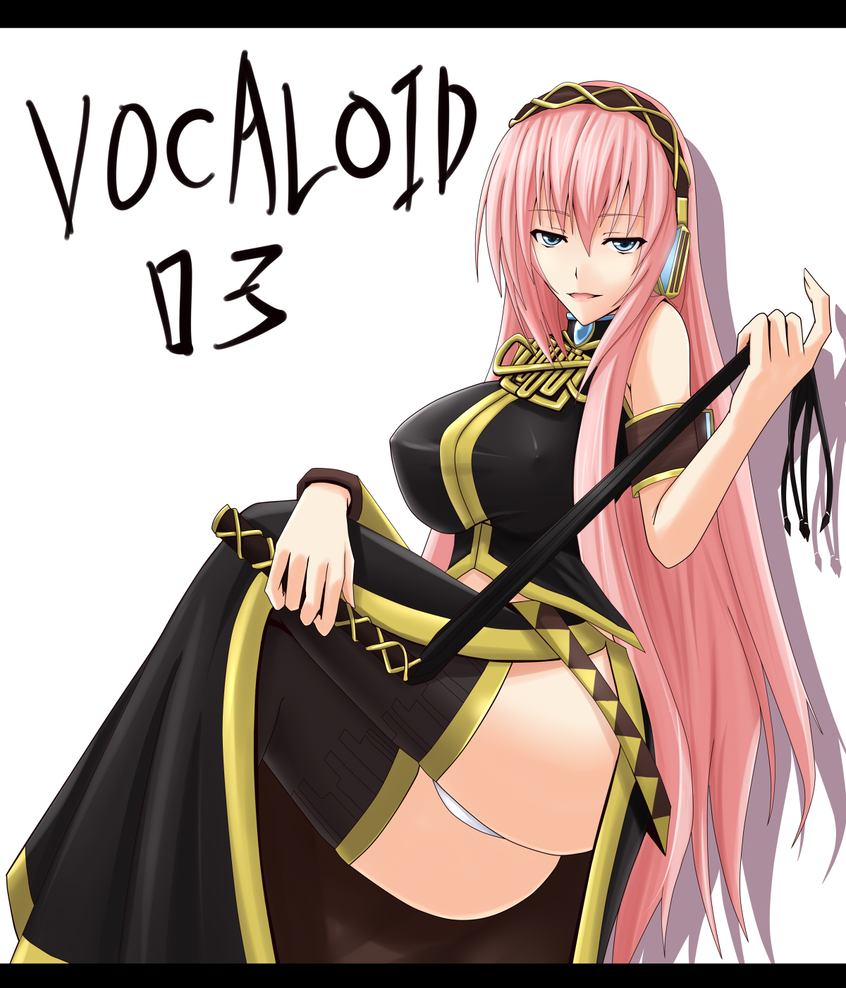 akitsuki karasu, megurine luka, vocaloid, highres, 1girl, ass, breasts, cleavage, covered erect nipples, female focus, large breasts, long hair, naughty face, panties, pantyshot, pink hair, simple background, skirt, solo, thighhighs, underwear, very long hair, whip, white panties