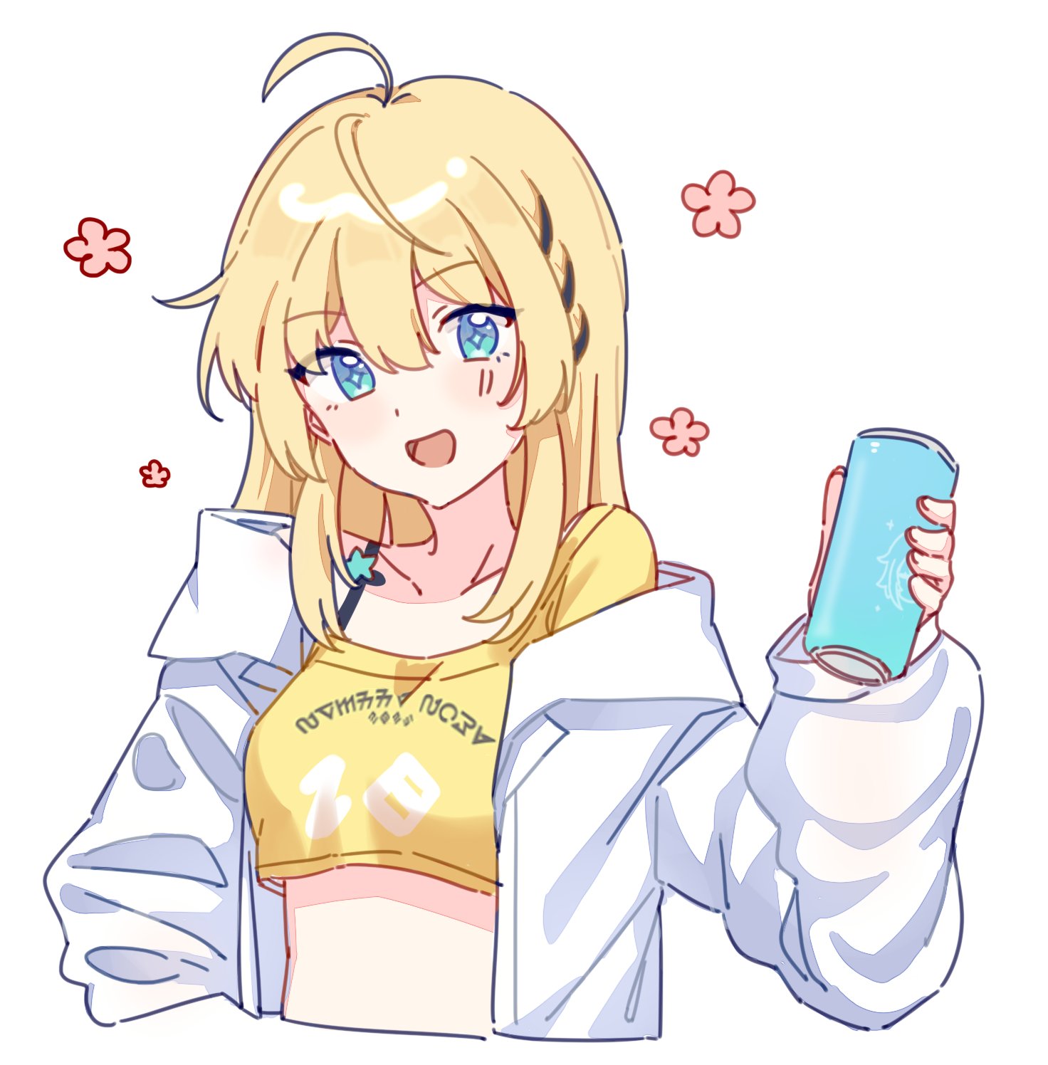 noya (stella sora), stella sora, commentary, highres, symbol-only commentary, 1girl, :d, ahoge, blonde hair, blue eyes, breasts, can, collarbone, crop top, crop top overhang, cropped shirt, double-parted bangs, drink can, egao huanying, flower symbol, holding, holding can, jacket, long sleeves, looking at viewer, medium breasts, official alternate costume, open clothes, open jacket, open mouth, shirt, single off shoulder, smile, solo, star-shaped pupils, star (symbol), strap, symbol-shaped pupils, white jacket, yellow shirt