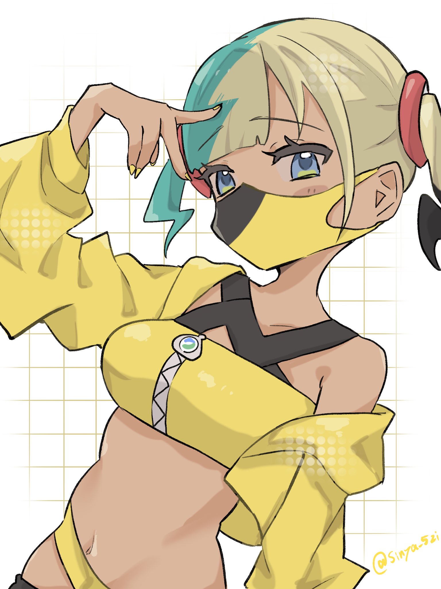canari (pokemon), nintendo, pokemon, pokemon legends: z-a, commentary request, highres, 1girl, aqua hair, armpit crease, bandeau, bare shoulders, black mask, blonde hair, blue eyes, blush, breasts, center-flap bangs, cleavage, criss-cross halter, criss-cross straps, crop top, cropped jacket, english text, grid background, halterneck, jacket, looking at viewer, mask, mask pull, medium breasts, mega ring, mega stone, midriff, mouth mask, multicolored hair, navel, pants, short twintails, sinya 5zi, solo, split-color hair, stomach, twintails, twitter username, two-tone hair, two-tone mask, two-tone pants, v, yellow bandeau, yellow jacket, yellow mask, zipper