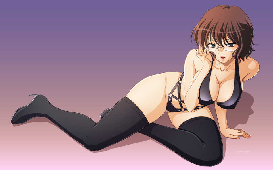 tadano akira, shirin bakhtiar, gundam, gundam 00, 00s, 1girl, bikini, boots, breasts, brown hair, cleavage, covered erect nipples, female focus, full body, glasses, gradient background, grey eyes, large breasts, short hair, sitting, solo, swimsuit, thigh boots, thighhighs