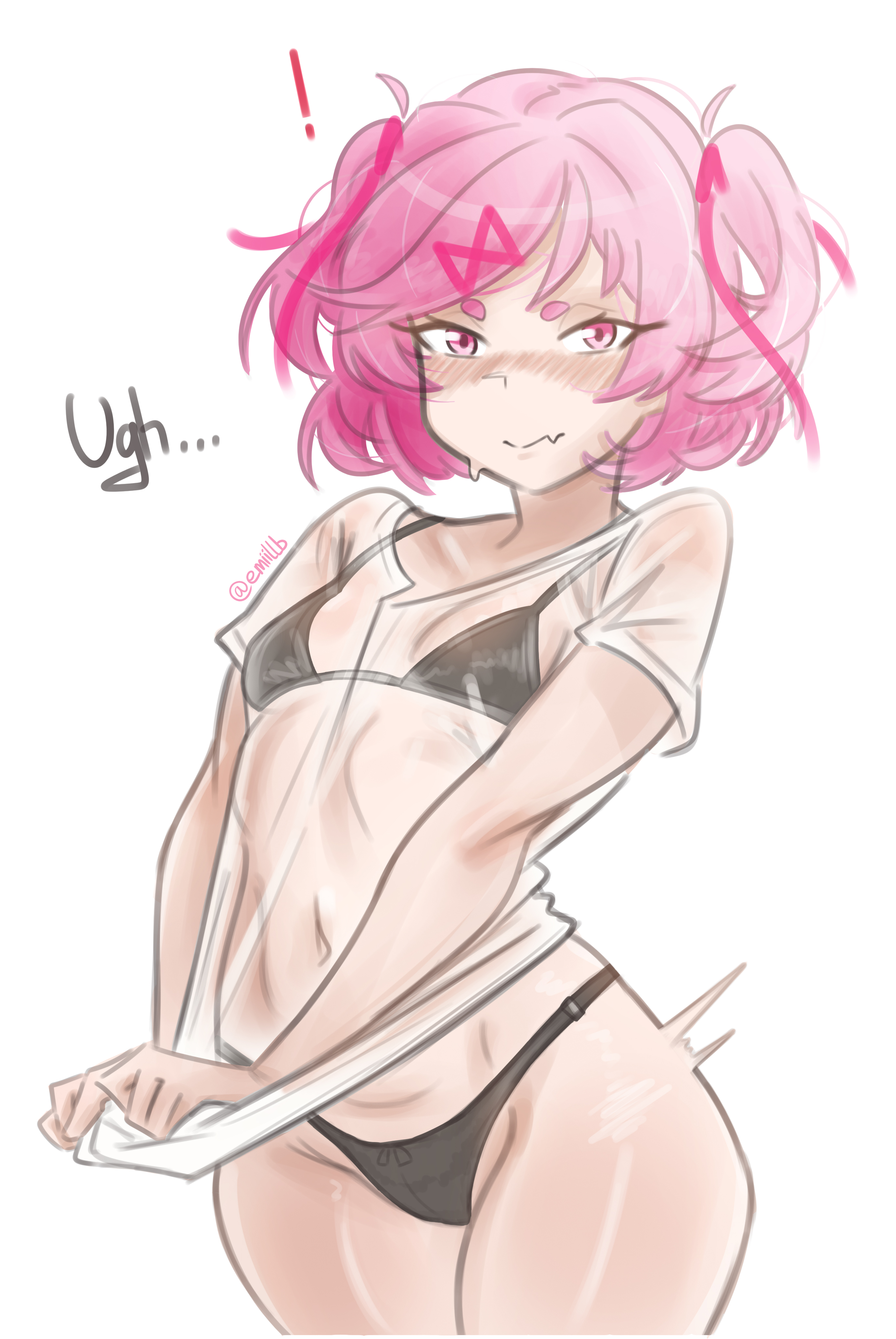 emiillb, natsuki (doki doki literature club), doki doki literature club, absurdres, commentary, english commentary, highres, !, 1girl, adjusting clothes, artist name, bikini, bikini under clothes, black bikini, blush, bob cut, breasts, closed mouth, covered navel, cowboy shot, embarrassed, english text, fang, groin, hair ornament, light smile, looking at viewer, loose hair strand, messy hair, motion blur, navel, nose blush, pink eyes, pink hair, see-through clothes, see-through shirt, shiny skin, shirt, shirt tug, short eyebrows, short hair, short sleeves, signature, simple background, skin fang, small breasts, smile, solo, standing, string bikini, swept bangs, swimsuit, thick eyebrows, twitter username, two side up, v arms, wet, wet clothes, wet shirt, white background, x hair ornament