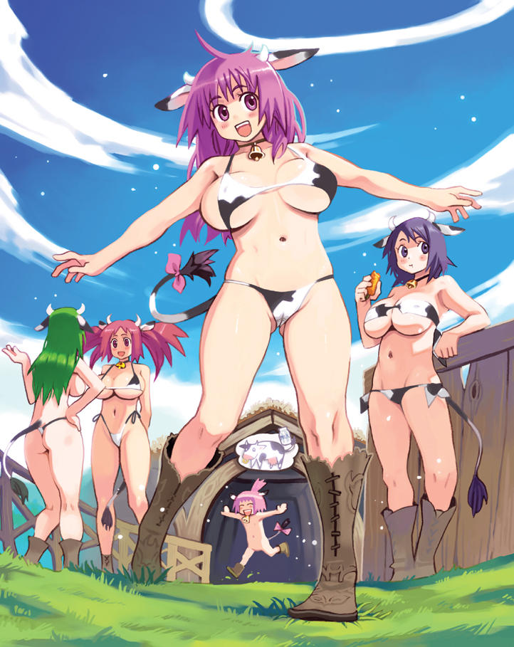 animal ears, bikini, blush, breasts, cameltoe, cleavage, cow girl, horns, smile, swimsuit, tail