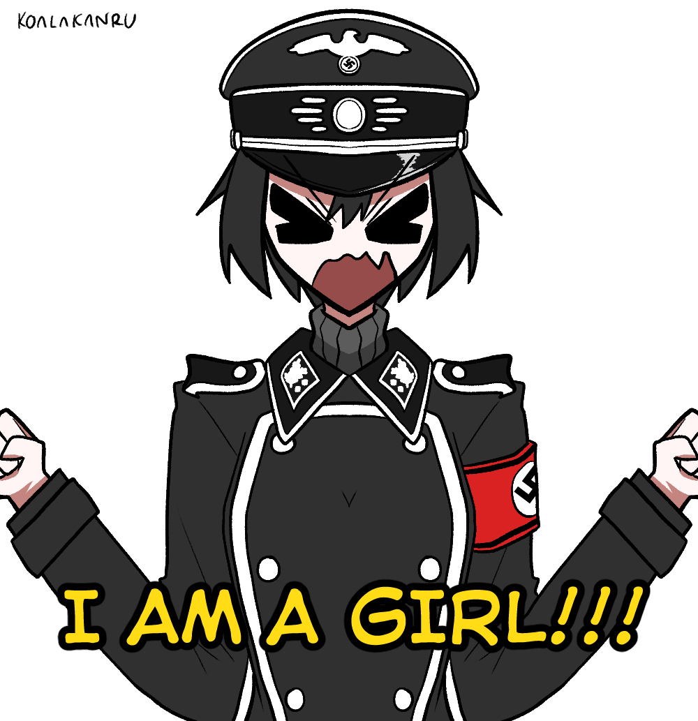 koalakanru, original, 1girl, artist name, black hair, black hat, closed eyes, english text, fang, hair between eyes, hat, jacket, looking at viewer, military hat, military uniform, nazi, open mouth, peaked cap, reichsadler, short hair, shouting, solo, sven hoffmann, swastika, talking, waffen-ss