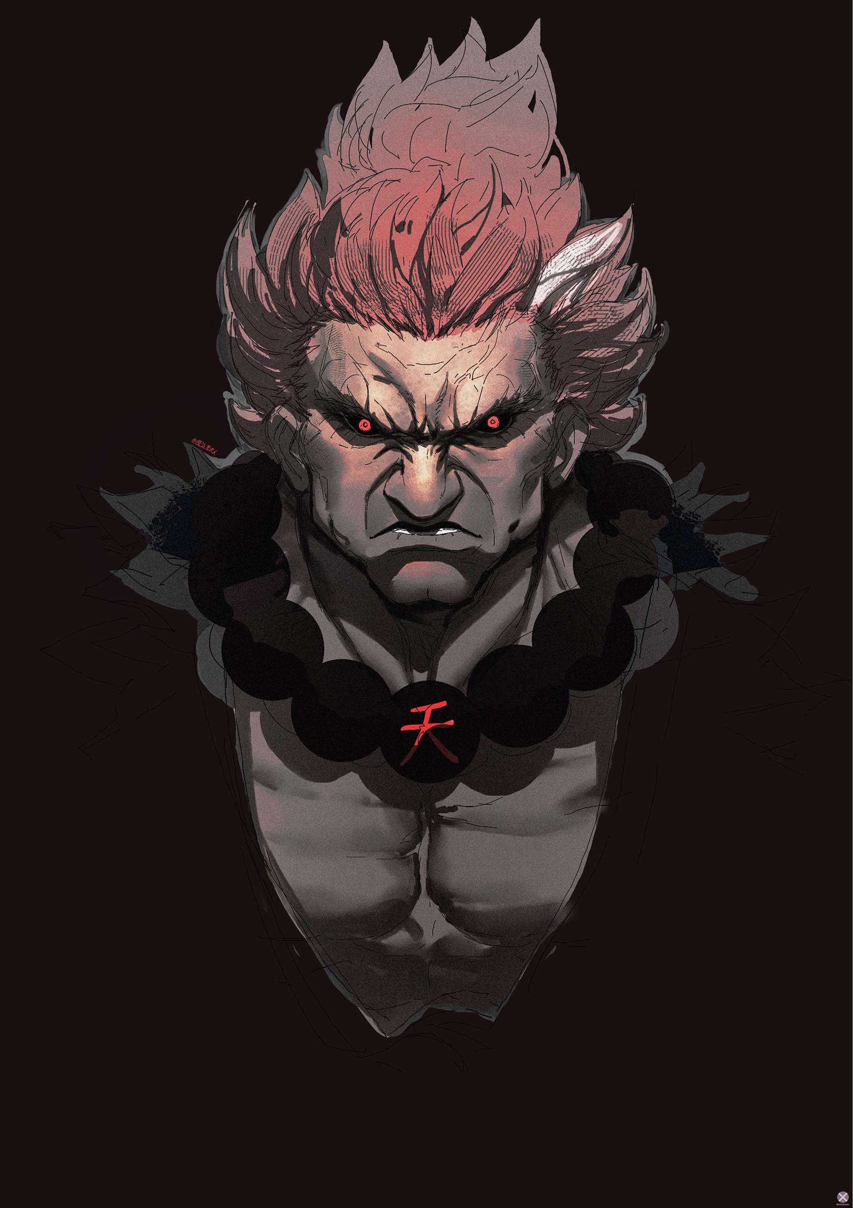 mahousho, akuma (street fighter), street fighter, absurdres, commentary, highres, 1boy, jewelry, muscular, muscular male, necklace, red eyes, red hair, solo, topknot