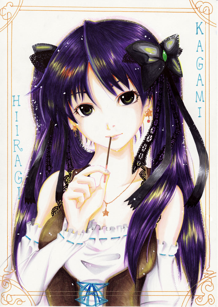 i-la, hiiragi kagami, lucky star, bad id, bad pixiv id, colored pencil (medium), marker (medium), traditional media, 00s, 1girl, black ribbon, blouse, border, corset, cross-laced clothes, detached sleeves, earrings, female focus, food, hair over shoulder, hair ribbon, head tilt, jewelry, lips, long hair, looking at viewer, necklace, pocky, purple hair, realistic, ribbon, ribbon-trimmed sleeves, ribbon trim, shirt, solo, star (symbol), twintails, upper body, yellow eyes
