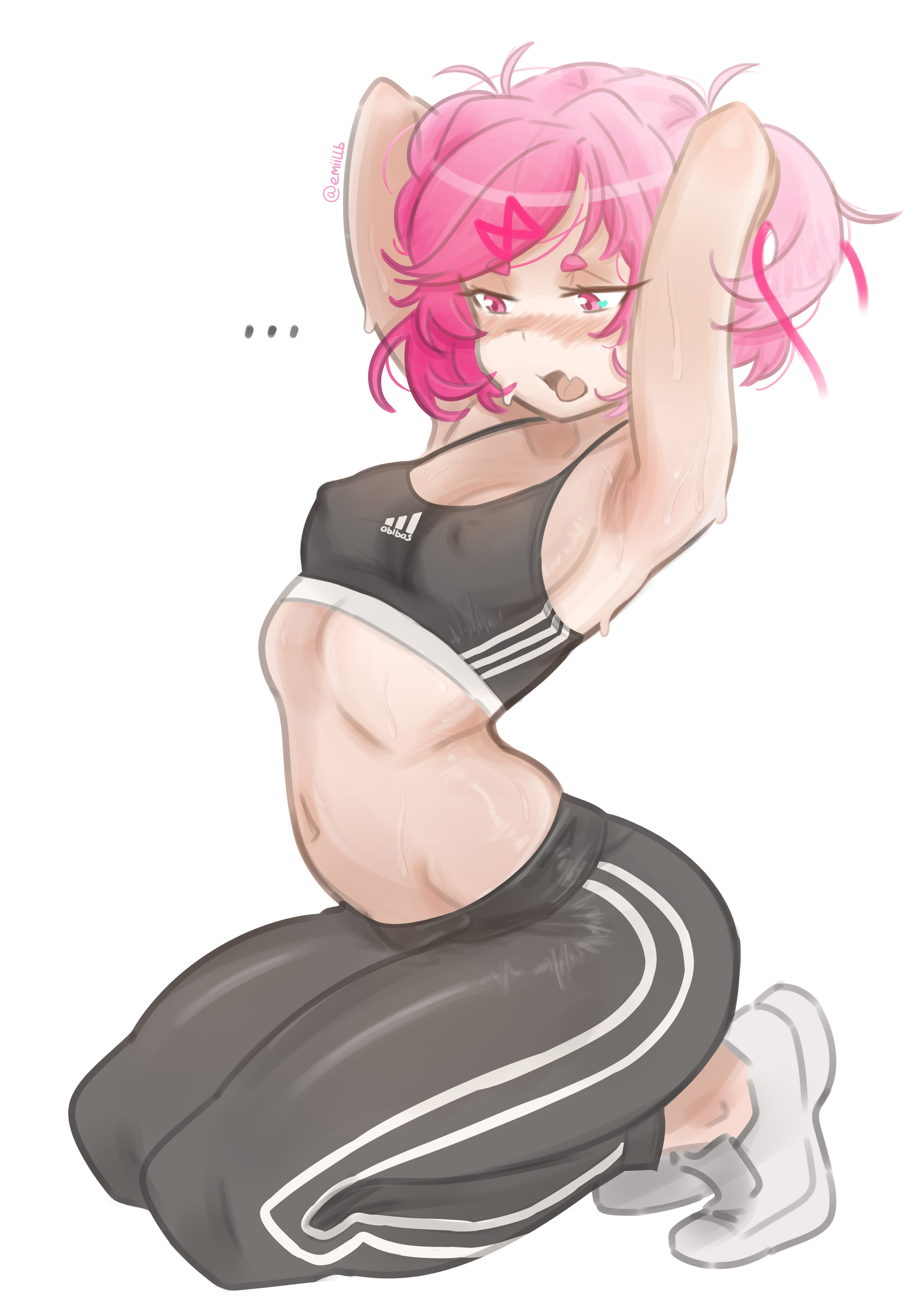 emiillb, natsuki (doki doki literature club), adidas, doki doki literature club, absurdres, commentary, english commentary, highres, …, 1girl, arched back, armpits, arms behind head, arms up, artist name, black pants, black sports bra, blush, bob cut, breasts, covered erect nipples, double vertical stripe, dripping, embarrassed, exercising, eyelashes, fang, from side, full body, hair ornament, hair ribbon, kneeling, looking ahead, looking down, loose hair strand, messy hair, midriff, navel, nose blush, open mouth, pants, pink eyes, pink hair, pink ribbon, ribbon, shoes, short eyebrows, short hair, signature, simple background, skin fang, small breasts, sneakers, solo, sports bra, squatting, sweat, sweatpants, swept bangs, thick eyebrows, triple vertical stripe, twitter username, two side up, very sweaty, white background, white shoes, white trim, x hair ornament