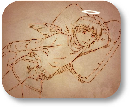 aaru sentou shuudan, kuu (haibane renmei), haibane renmei, 00s, 1girl, brown theme, female focus, halo, monochrome, pillow, rounded corners, shorts, solo, sweater, traditional halo