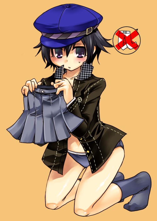 tokita monta, shirogane naoto, atlus, persona, persona 4, blue eyes, blue hair, blush, bottomless, hat, newsboy cap, no pants, panties, short hair, skirt, socks, solo, underwear