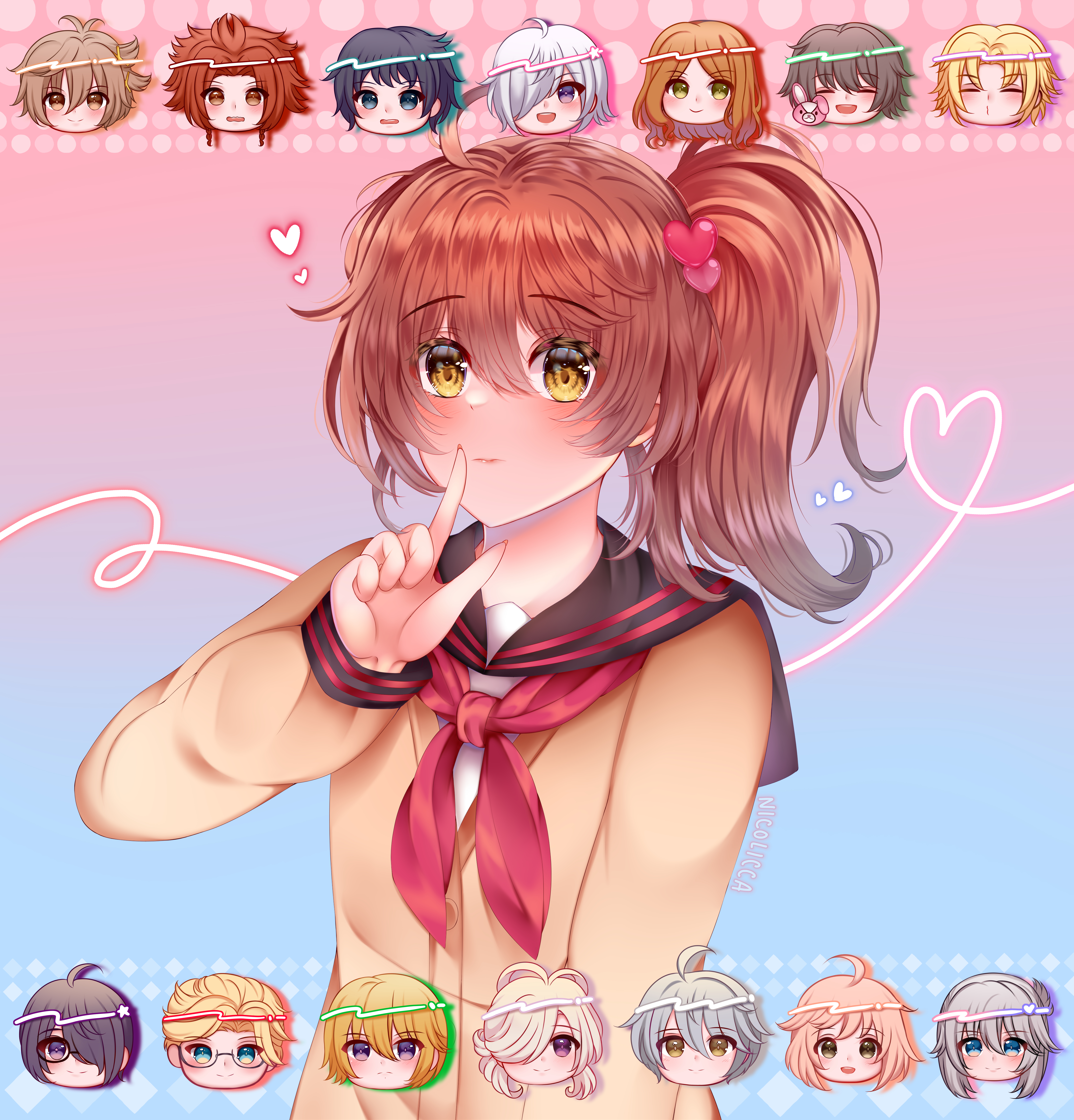 asahina fuuto, asahina hikaru (brothers conflict), asahina louis, asahina masaomi, asahina wataru, asahina yuusuke, hinata ema (brothers conflict), juli (brothers conflict), brothers conflict, absurdres, commentary request, highres, ahoge, asahina azusa, asahina iori, asahina kaname, asahina natsume, asahina subaru, asahina tsubaki, asahina ukyou, blonde hair, blue eyes, blush, brown eyes, brown hair, chibi, closed eyes, closed mouth, glasses, gradient background, green eyes, grey hair, hair ornament, hair over one eye, heart, heart hair ornament, nicoala, open mouth, purple eyes, red hair, sailor collar, smile, star (symbol), stuffed animal, stuffed rabbit, stuffed toy, white hair, yellow eyes