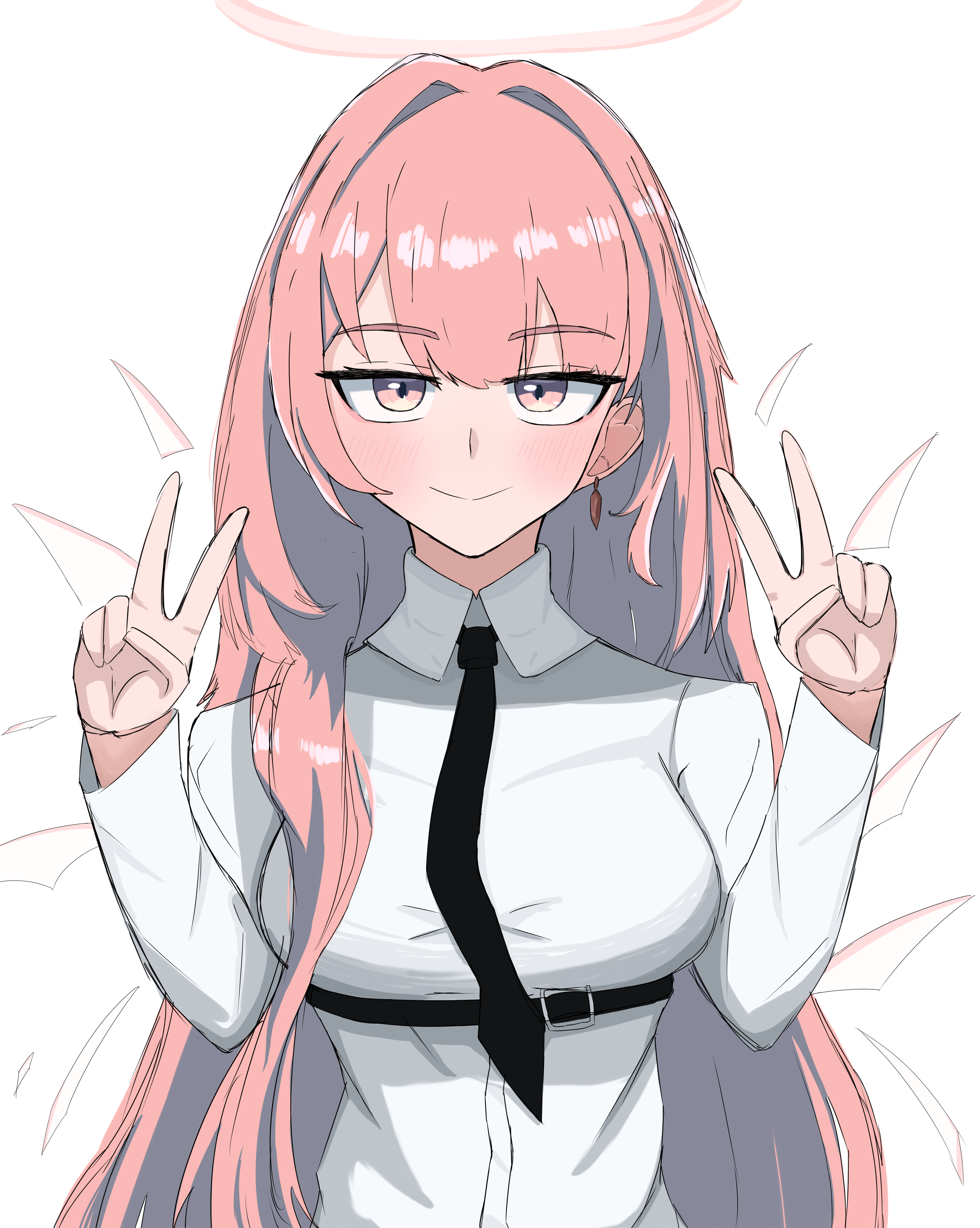 lemuen (arknights), arknights, absurdres, commentary request, highres, 1girl, black necktie, breasts, detached wings, double v, earrings, halo, jewelry, large breasts, long hair, looking at viewer, nazono s9n, necktie, pink eyes, pink hair, shirt, simple background, smile, solo, upper body, v, very long hair, white background, white shirt, wings