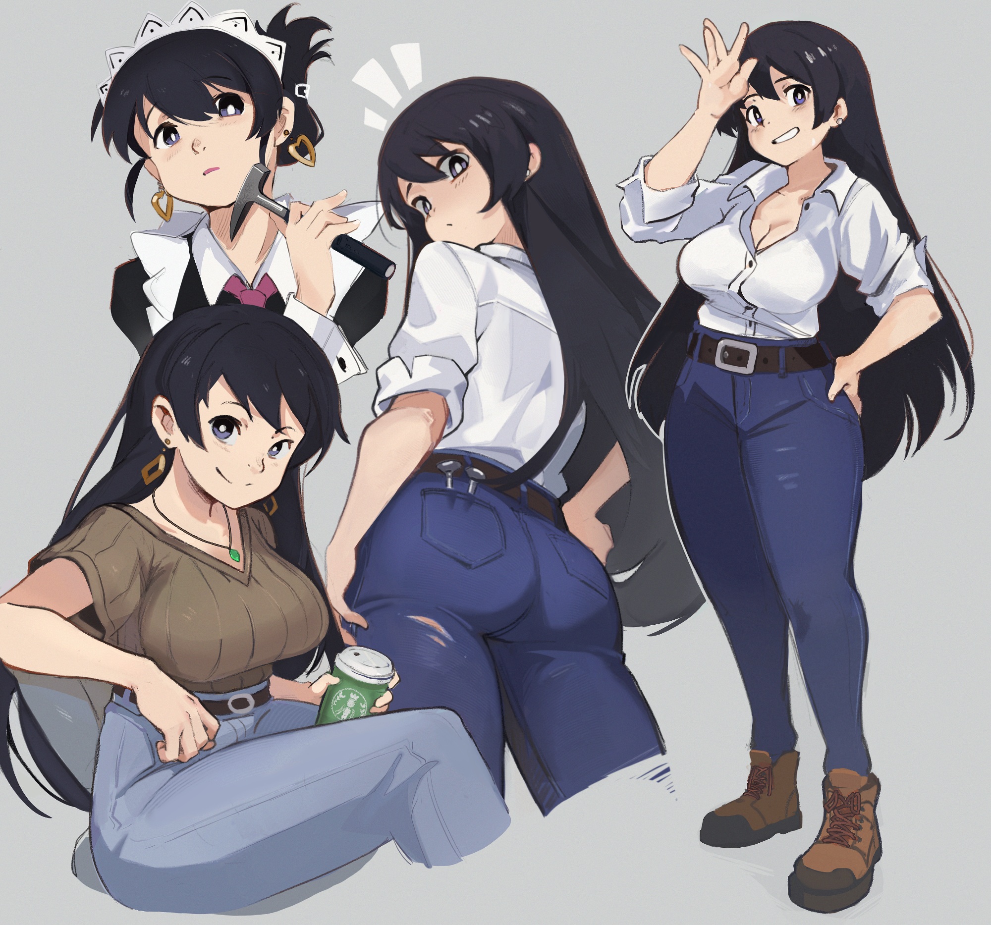 eccomicco, arato nagi, ruri no houseki, starbucks, commentary, english commentary, highres, 1girl, alternate costume, apron, arm up, ass, belt, black belt, black hair, black shirt, blue pants, boots, breasts, brown boots, brown shirt, cleavage, closed mouth, collar, cup, denim, disposable coffee cup, disposable cup, ear piercing, earrings, from behind, grey background, grin, hair between eyes, hair up, hammer, hand on own thigh, heart, heart earrings, holding, holding cup, holding hammer, jeans, jewelry, large breasts, light frown, long hair, long sleeves, looking back, maid, maid apron, maid headdress, multiple views, necklace, necktie, notice lines, object in pocket, official alternate costume, open mouth, pants, parted lips, partially unbuttoned, piercing, pocket, purple eyes, red necktie, shirt, short sleeves, simple background, sitting, sleeves rolled up, smile, split mouth, standing, swept bangs, turning head, white collar, white shirt, white wrist cuffs, wrist cuffs