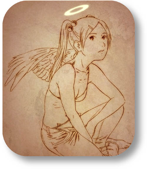 aaru sentou shuudan, midori (haibane renmei), haibane renmei, 00s, 1girl, barefoot, brown theme, denim, female focus, jeans, monochrome, pants, rounded corners, sitting, solo