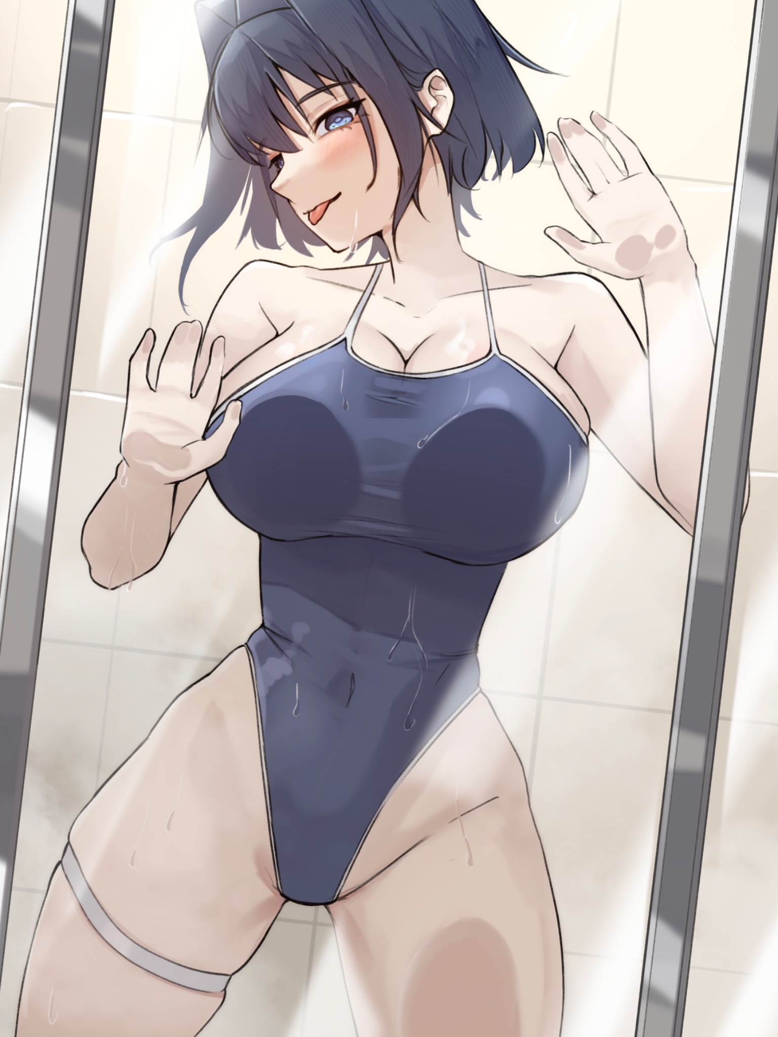 nurizza ilst, ouro kronii, hololive, hololive english, highres, 1girl, against glass, blue eyes, blue hair, blue one-piece swimsuit, breast press, breasts, breasts on glass, competition swimsuit, hair intakes, hand on glass, highleg, highleg one-piece swimsuit, large breasts, one-piece swimsuit, shower (place), showering, swimsuit, tile wall, tiles, virtual youtuber