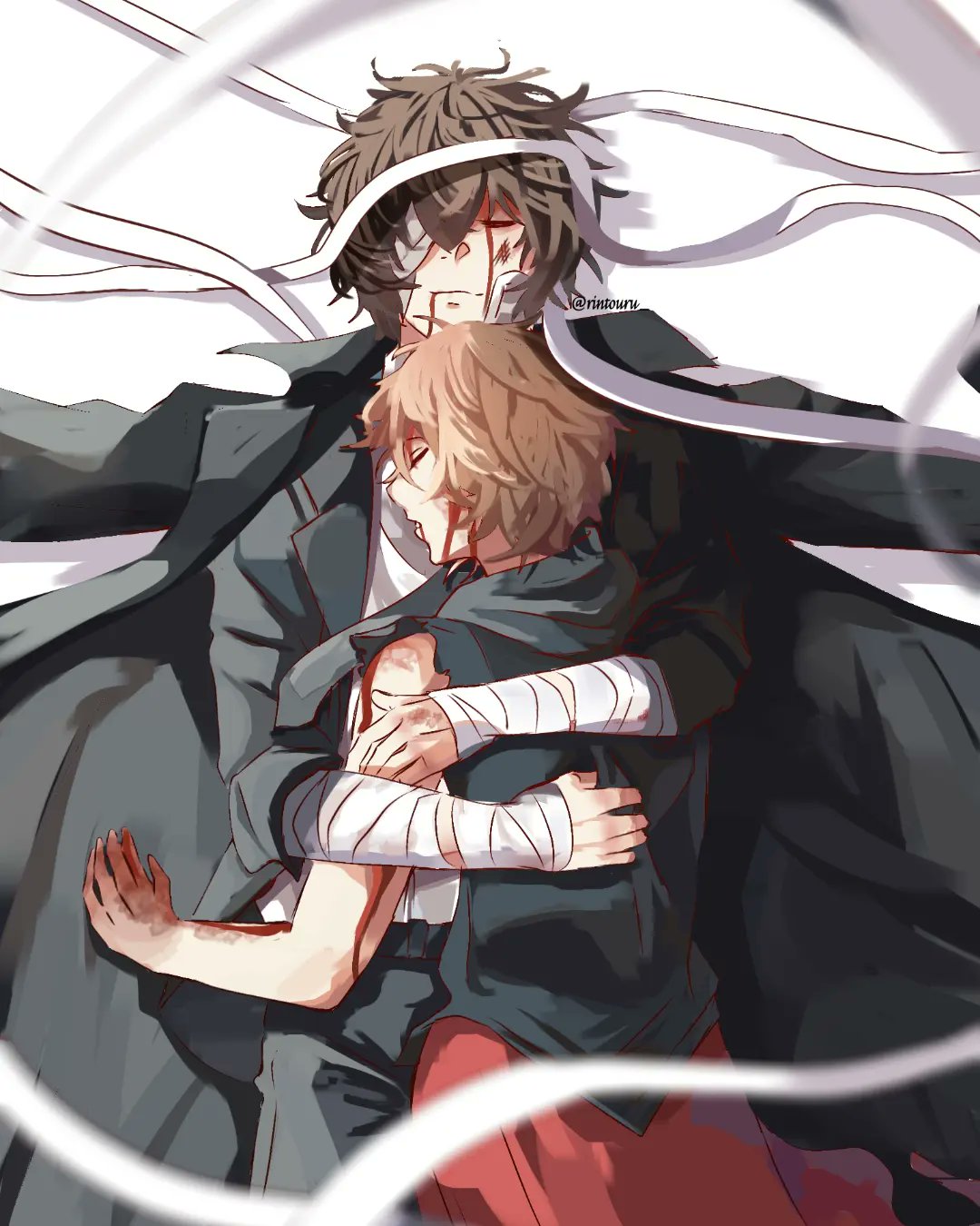 dazai osamu (bungou stray dogs), nakahara chuuya (bungou stray dogs), bungou stray dogs, hashtag-only commentary, highres, 2boys, arm around back, bandaged arm, bandaged head, bandages, bandaid, bandaid on face, black jacket, black shirt, bleeding, blood, blood from forehead, blood from mouth, blood on arm, blood on face, blurry, boy on top, brown hair, closed eyes, cowboy shot, crossed bangs, depth of field, foreground text, hair between eyes, jacket, jacket on shoulders, lying, male focus, motion blur, multiple boys, on back, on ground, on stomach, one eye covered, popped collar, rintouru 2, shirt, short hair, yaoi