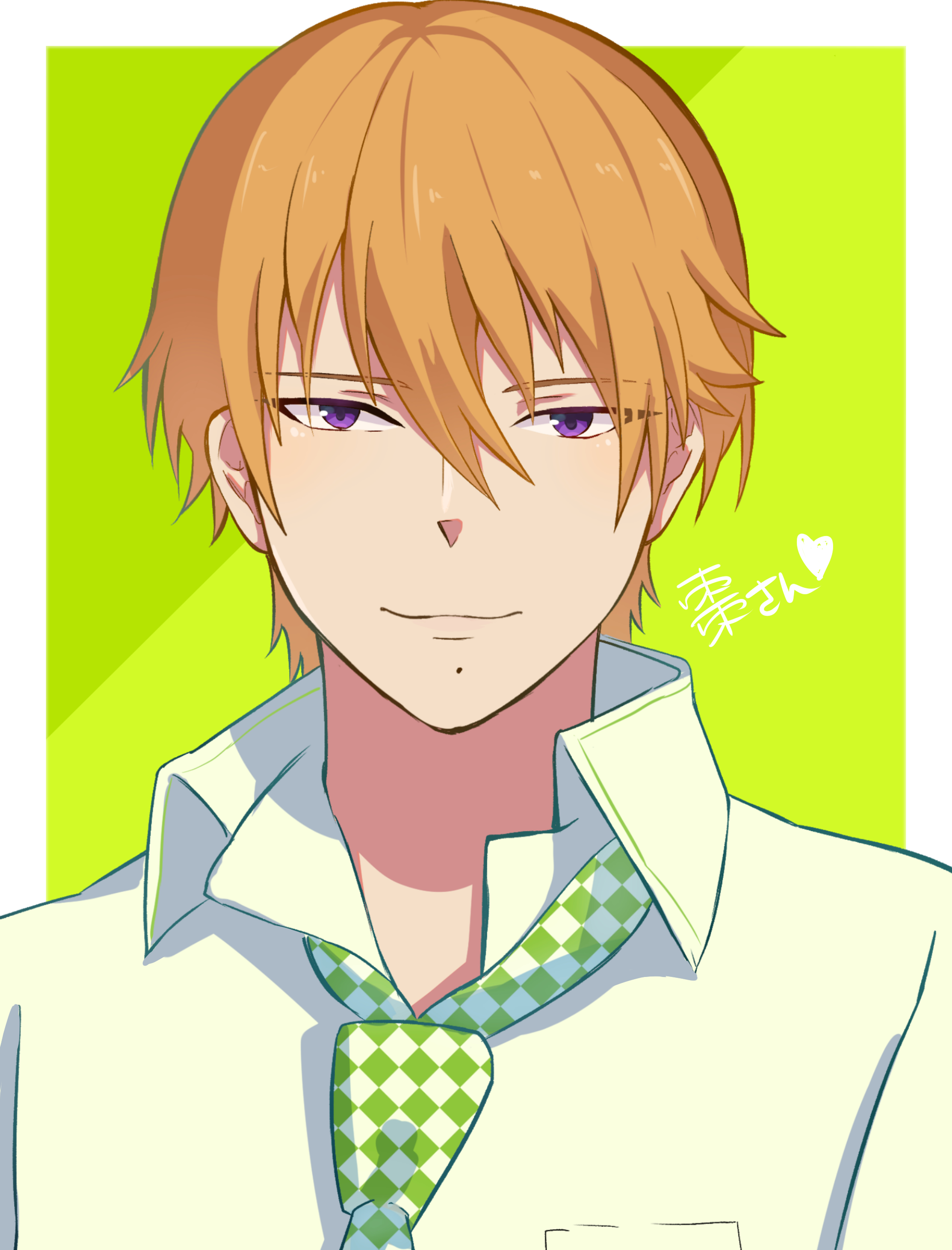 brothers conflict, absurdres, commentary request, highres, 1boy, asahina natsume, breast pocket, brown hair, checkered necktie, closed mouth, collared shirt, hair between eyes, heart, mole, mole under mouth, nanaka1313, necktie, pocket, portrait, purple eyes, shirt, simple background, smile, solo, two-tone necktie