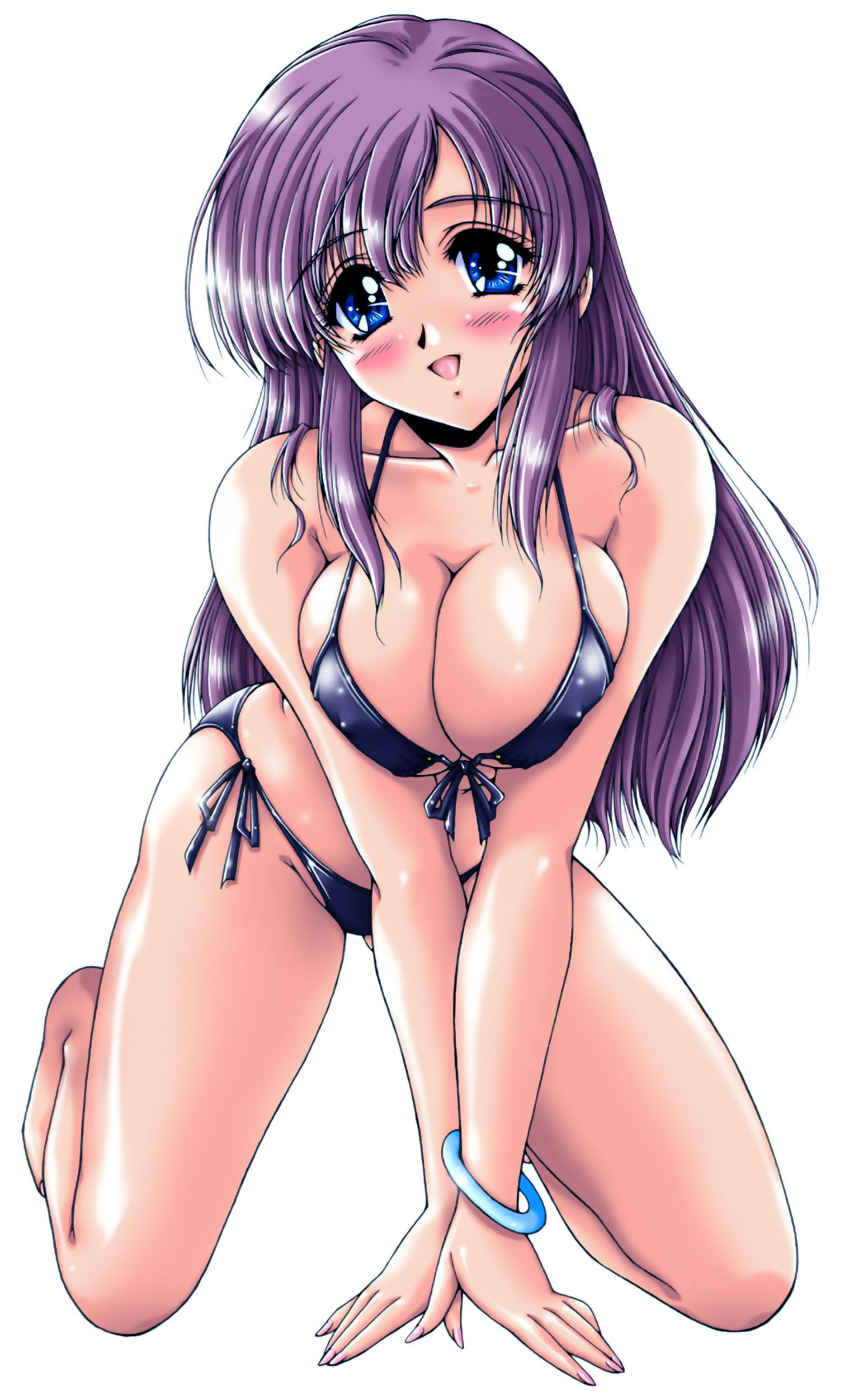 absurdres, artist request, highres, 1girl, all fours, barefoot, bikini, blue eyes, blush, bracelet, breasts, breasts squeezed together, cleavage, covered erect nipples, female focus, jewelry, kneeling, large breasts, long hair, nail polish, pink nails, purple hair, side-tie bikini bottom, solo, swimsuit