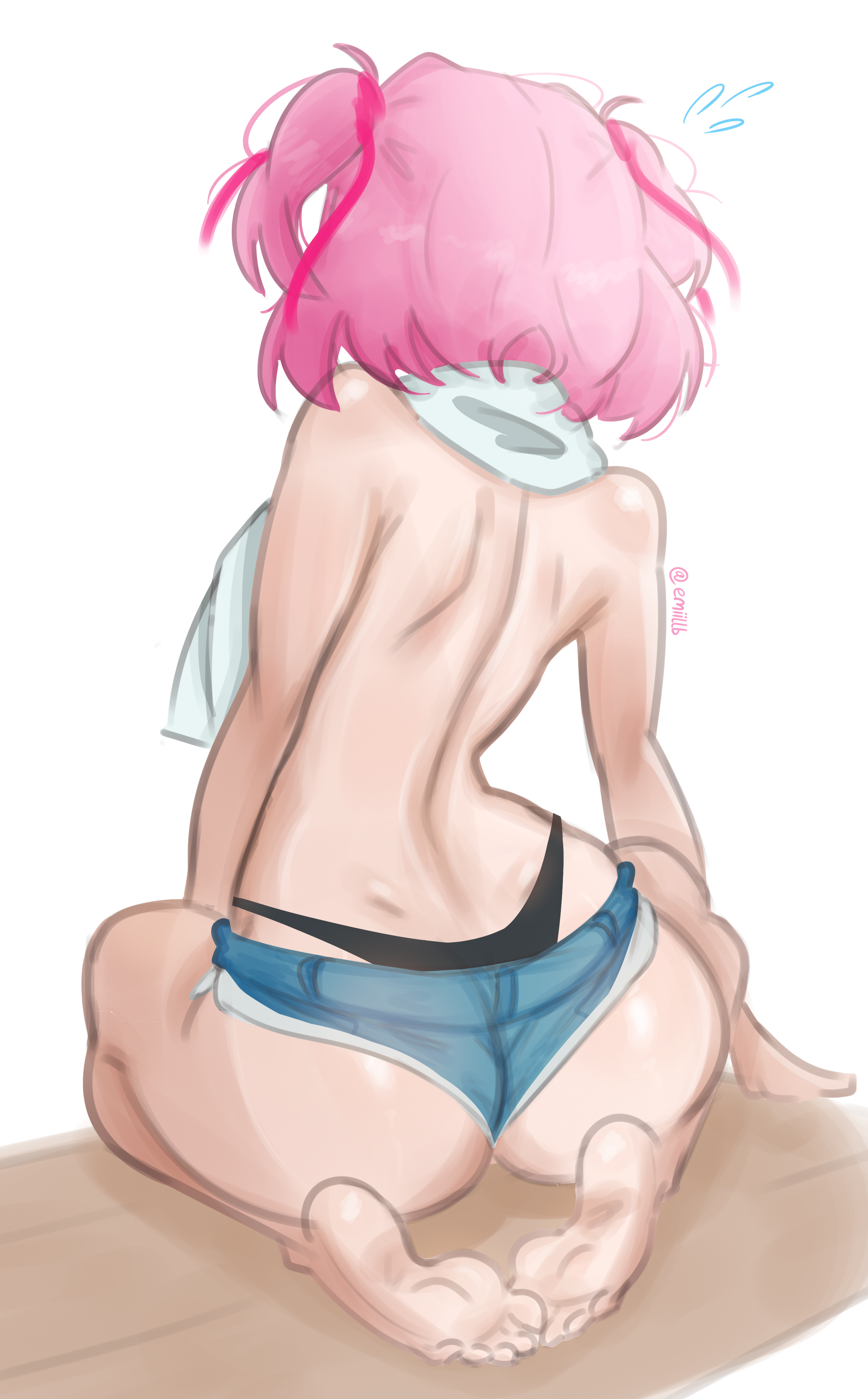 emiillb, natsuki (doki doki literature club), doki doki literature club, absurdres, commentary, english commentary, highres, 1girl, arm support, artist name, ass, back, back focus, bare back, barefoot, black panties, blue shorts, bob cut, denim, denim shorts, dimples of venus, facing away, feet, flying sweatdrops, from behind, hair ribbon, highleg, highleg panties, kneeling, knees apart feet together, leaning to the side, loose hair strand, lowleg, lowleg shorts, messy hair, on floor, panties, pink hair, pink ribbon, ribbon, shiny skin, short hair, short shorts, shorts, shoulder blades, signature, simple background, soles, solo, toes, topless female, towel, towel around neck, twitter username, two side up, underwear, whale tail (clothing), white background, wooden floor