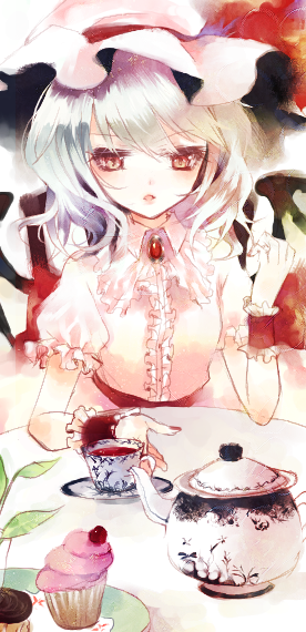 prino hawell, remilia scarlet, touhou, bad id, bad pixiv id, 1girl, cupcake, female focus, flat chest, food, hat, pastry, saucer, solo, table, tea, teapot