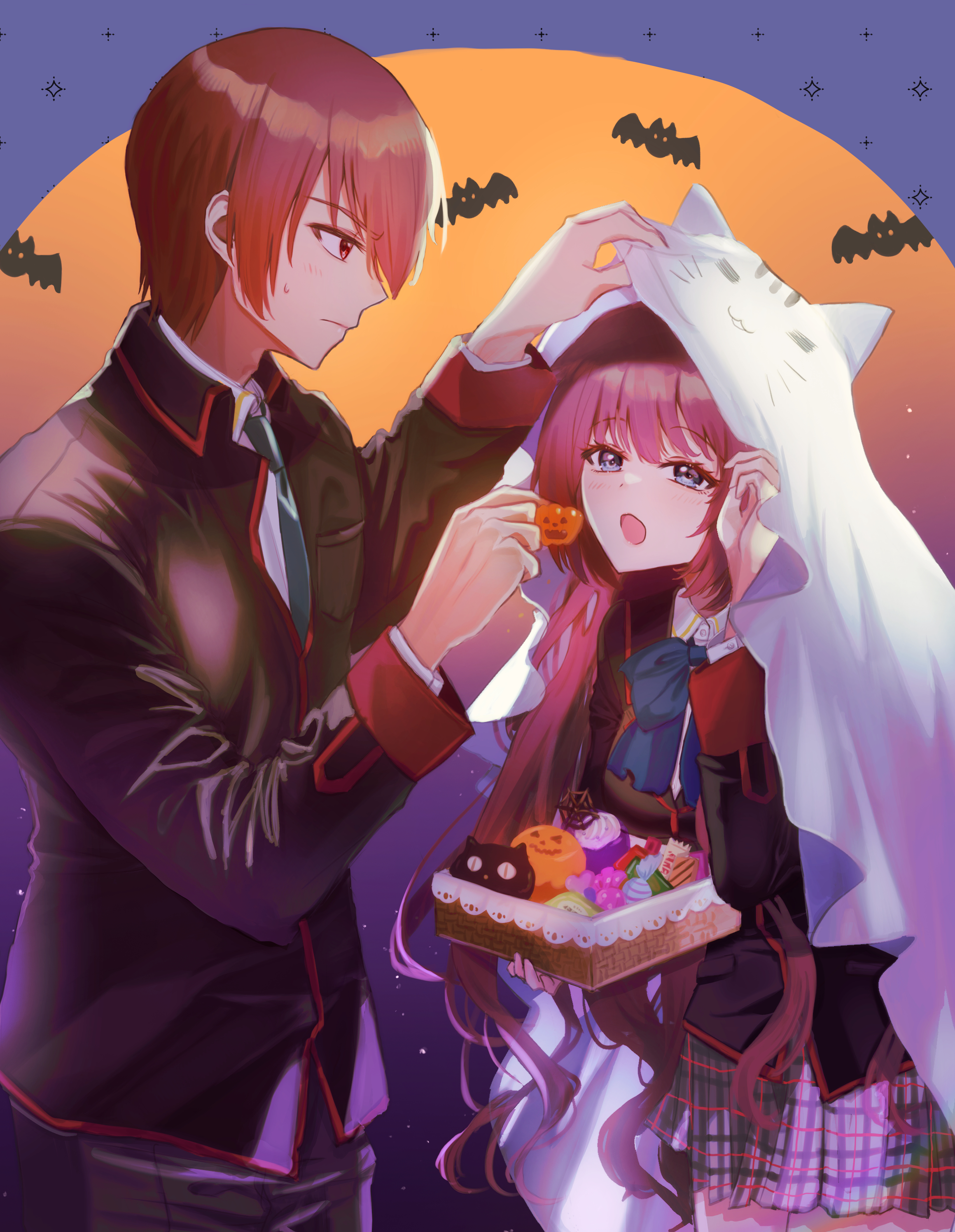 miiizuno lbs, a-chan (little busters!), doruji, natsume kyousuke, little busters!, absurdres, commentary request, highres, 1boy, 1girl, :o, animal print, bat (animal), black jacket, blazer, blue bow, blue eyes, blush, bow, box, brown eyes, brown hair, cat print, character print, closed mouth, cowboy shot, eyelashes, feeding, food, from side, ghost costume, grey skirt, hair between eyes, halloween, halloween costume, hand up, hetero, holding, holding box, jack-o'-lantern, jacket, leaning forward, little busters! school uniform, long hair, long sleeves, looking at another, miniskirt, open mouth, orange background, plaid clothes, plaid skirt, profile, purple background, purple hair, school uniform, sheet ghost, short hair, sidelocks, simple background, skirt, standing, sweatdrop, sweets, two-tone background, very long hair, wavy hair