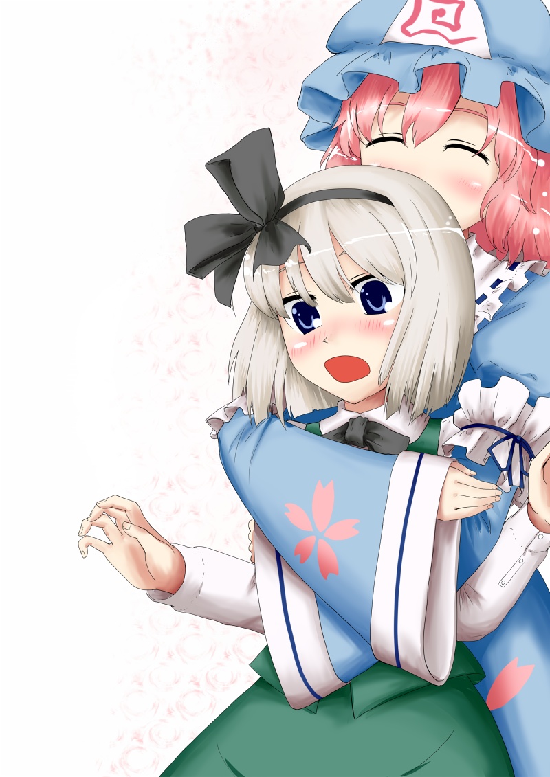 kirisaki (gin16k), kirisaki akihito, konpaku youmu, saigyouji yuyuko, touhou, silver hair, bad id, bad pixiv id, 2girls, :d, ^ ^, blue eyes, blush, closed eyes, dress, female focus, green dress, hat, hug, hug from behind, long sleeves, looking at viewer, mob cap, multiple girls, open mouth, puffy short sleeves, puffy sleeves, short sleeves, simple background, smile, triangular headpiece, upper body, white background