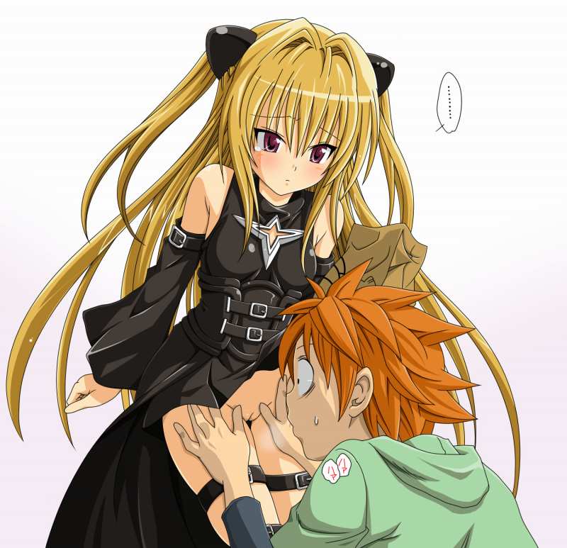 konjiki no yami, yuuki rito, to love-ru, nude filter, tagme, third-party edit, …, 00s, 1boy, 1girl, blush, cleft of venus, clothes lift, looking at pussy, no panties, pussy, skirt, skirt lift, sweatdrop, uncensored, wide-eyed