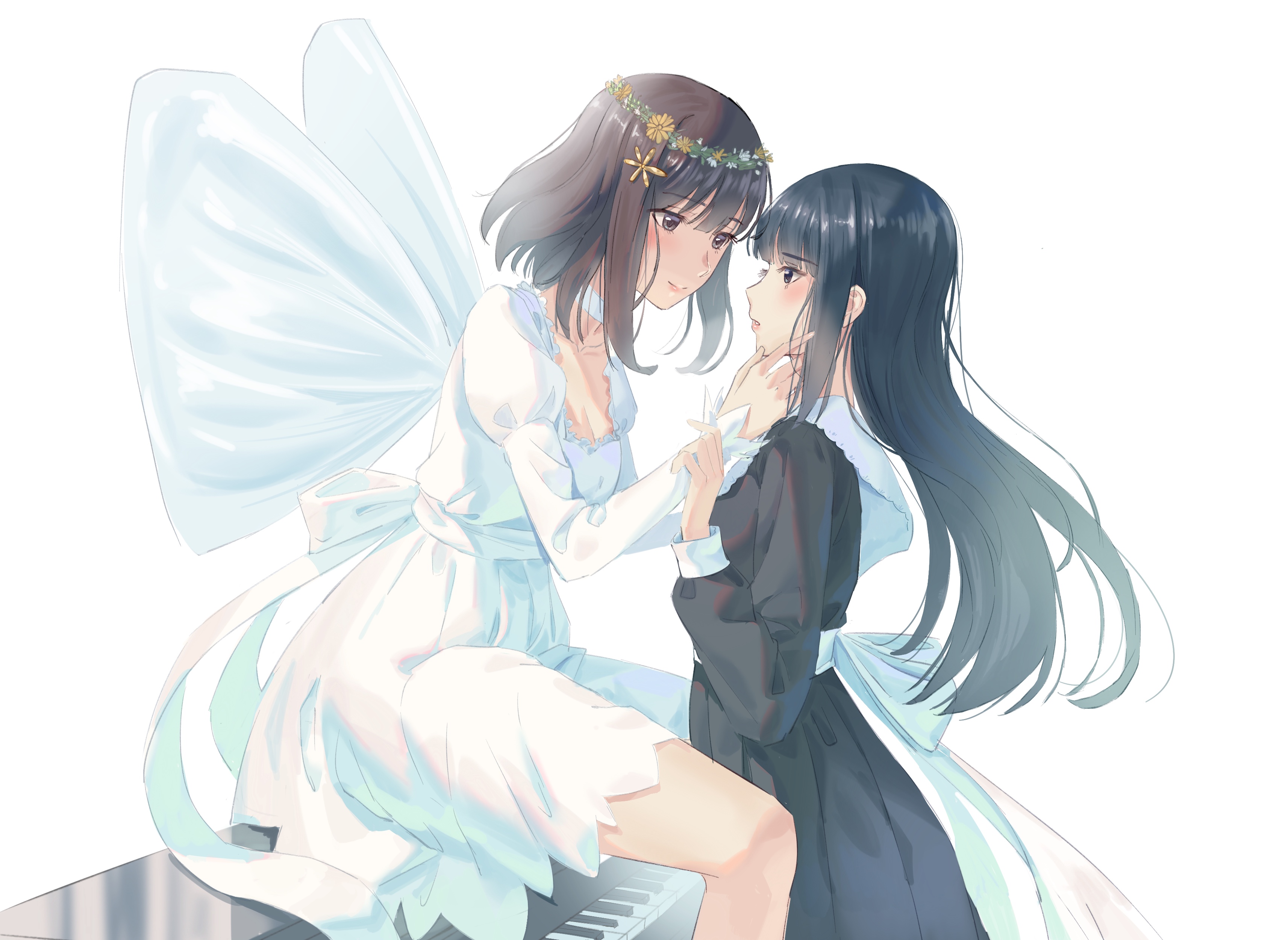 kafkasea, kousaka mayuri, shirahane suou, flowers (innocent grey), absurdres, highres, 2girls, back bow, black hair, blush, bow, brown hair, choker, dress, floating hair, flower, from side, hair flower, hair ornament, hand on another's chin, hand on another's wrist, head wreath, instrument, juliet sleeves, long hair, long sleeves, looking at another, multiple girls, parted lips, piano, profile, puffy sleeves, school uniform, short hair, sitting, sitting on piano, smile, white background, white bow, white choker, white dress, wings, yuri