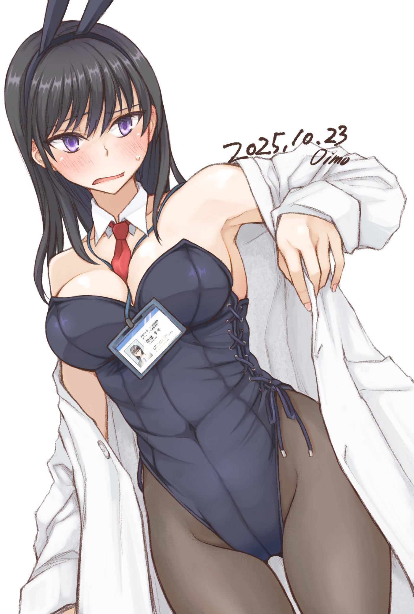 oimo (toyama164), original, highres, 1girl, animal ear hairband, animal ears, artist name, bare shoulders, between breasts, black leotard, black pantyhose, blush, bow, bowtie, breasts, cleavage, covered navel, dated, detached collar, dutch angle, embarrassed, fake animal ears, gluteal fold, hairband, lab coat, leotard, leotard under clothes, long hair, medium breasts, necktie, necktie between breasts, open mouth, pantyhose, playboy bunny, rabbit ear hairband, rabbit ears, red necktie, solo, strapless, strapless leotard, sweatdrop, white wrist cuffs, wrist cuffs