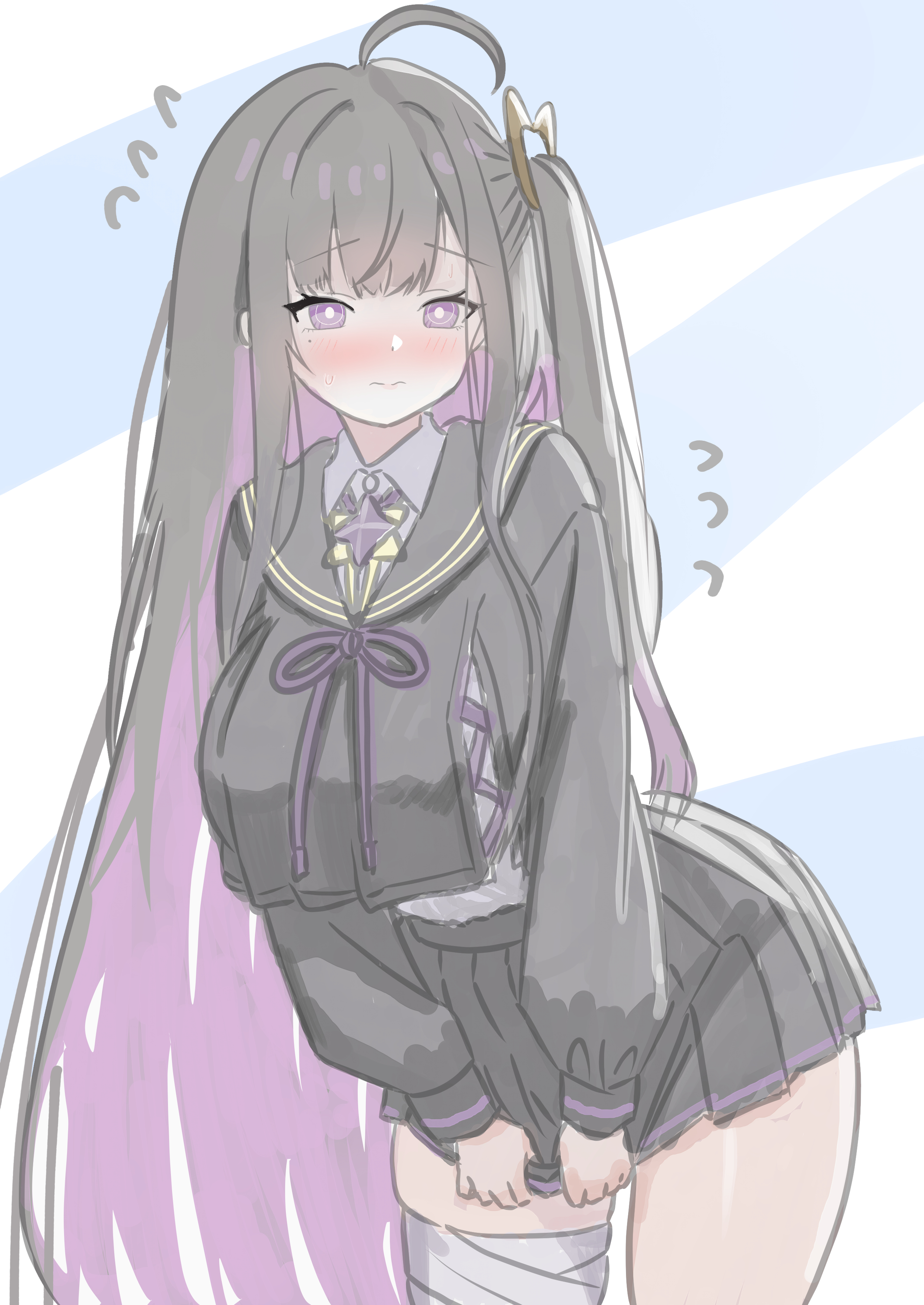 gallve, chitose (stella sora), stella sora, absurdres, highres, 1girl, ahoge, black hair, black sailor collar, black shirt, black skirt, breasts, colored inner hair, large breasts, long hair, multicolored hair, pleated skirt, purple eyes, purple hair, sailor collar, shirt, side ponytail, skirt, solo