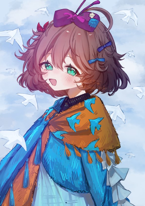 flutterpage, reverse:1999, 1girl, :d, ahoge, blue background, blue bow, blue dress, blue eyes, blue scarf, bow, brown hair, dress, hair bow, looking at viewer, multiple hair bows, open mouth, orange scarf, purple bow, red bow, scarf, senkichi (sen kchi), short hair, simple bird, smile, solo, two-tone scarf, upper body