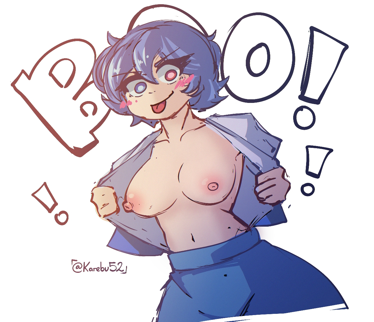 karebu52, tatara kogasa, touhou, commentary, english commentary, !, >:p, 1girl, blue eyes, blue hair, blue shirt, blue skirt, blush stickers, breasts, closed mouth, cowboy shot, english text, flashing, heterochromia, looking at viewer, medium breasts, midriff, navel, open clothes, red eyes, shirt, short hair, simple background, skirt, smile, solo, text background, tongue, tongue out, twitter username, white background