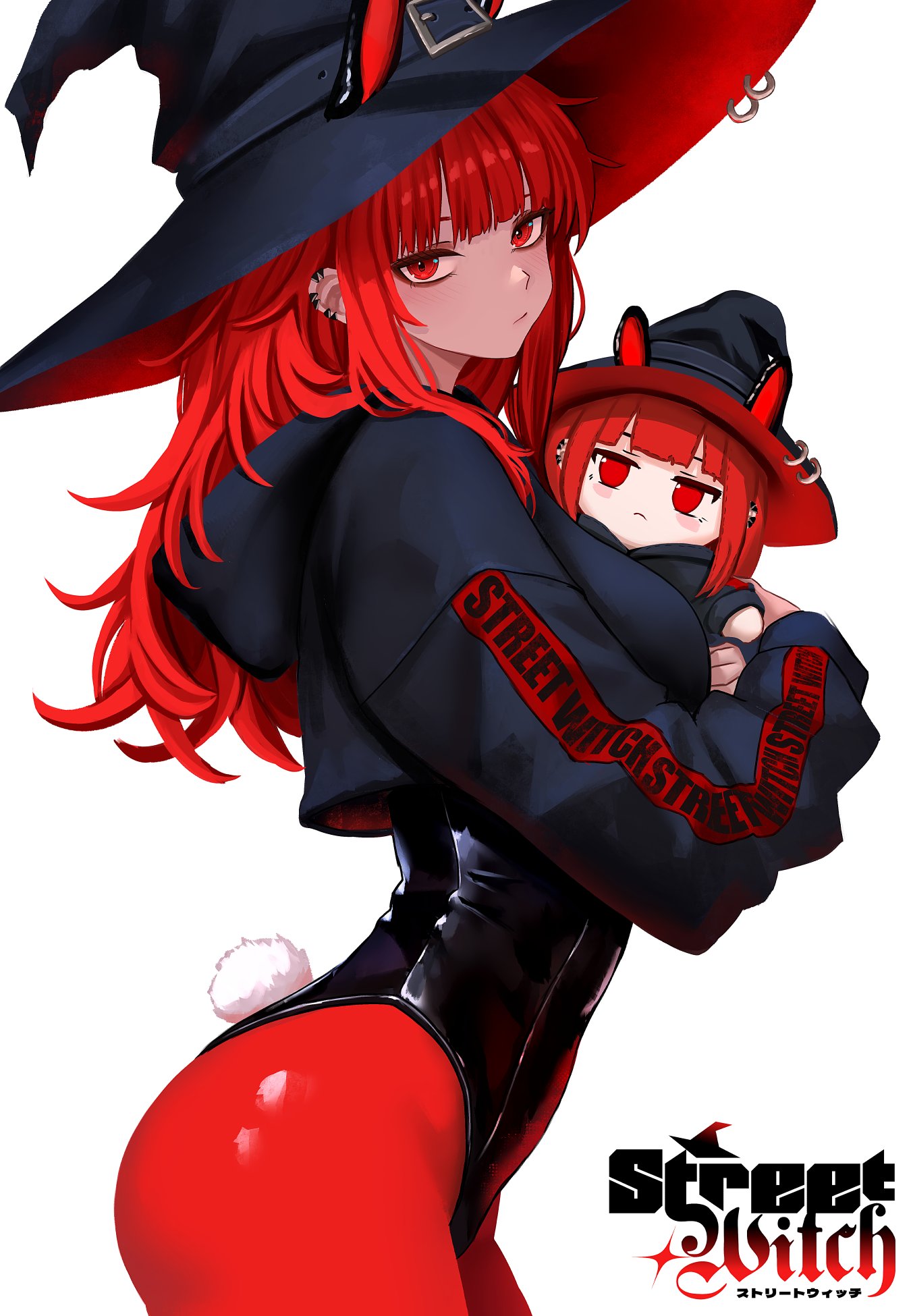 yan kodiac, val (yan kodiac), original, commentary, highres, 1girl, animal ears, black hat, black hoodie, black leotard, character doll, closed mouth, clothes writing, cropped hoodie, doll, ear piercing, fake animal ears, fake tail, from side, hat, hat with ears, holding, holding doll, hood, hoodie, leotard, light blush, long hair, looking at viewer, pantyhose, piercing, rabbit ears, rabbit tail, red eyes, red hair, red pantyhose, simple background, solo, standing, tail, two-sided fabric, two-sided headwear, white background, witch hat