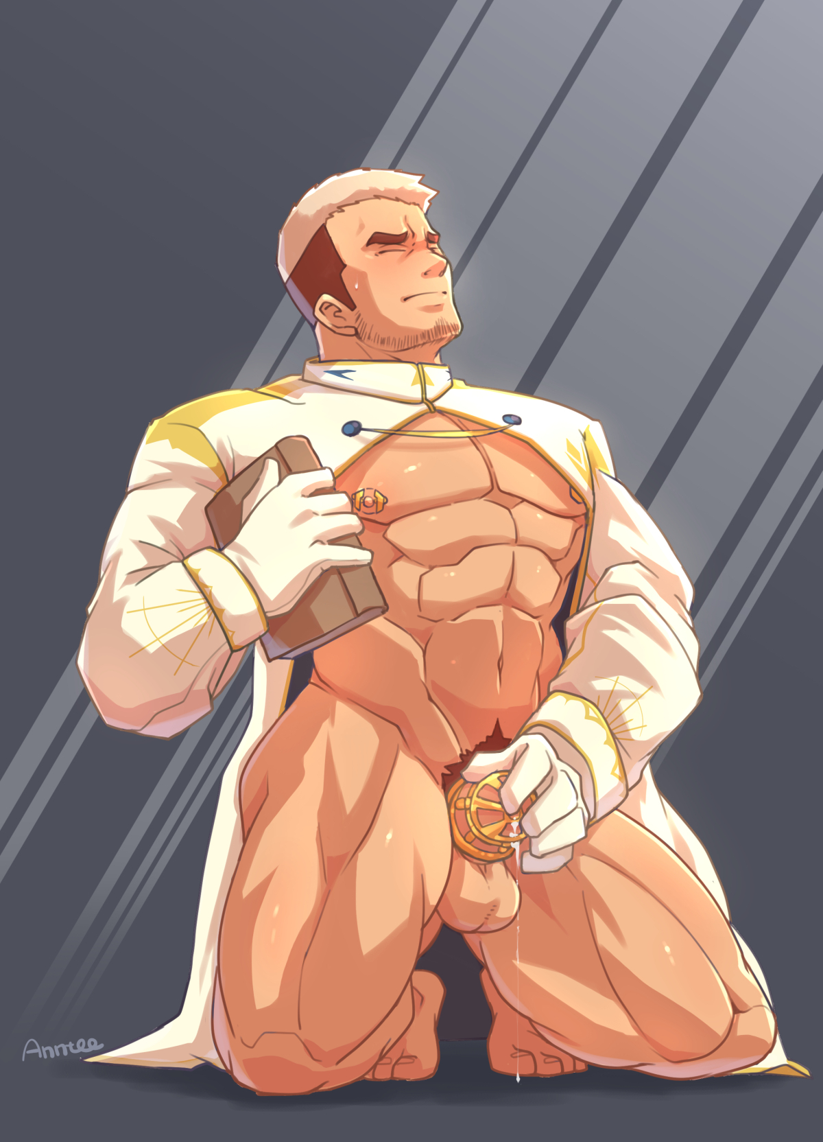 anntee, caress, highres, 1boy, abs, artist name, bara, beard stubble, book, chastity cage, clerical collar, closed eyes, closed mouth, facial hair, full body, gloves, holding, holding book, kneeling, kyrian (xxl), large pectorals, long sleeves, male focus, male pubic hair, multicolored hair, muscular, muscular male, nipples, pectorals, precum, precum string, priest, pubic hair, short hair, simple background, solo, stubble, thick eyebrows, thick thighs, thighs, two-tone hair, undercut, white gloves, white hair, xxl woofia
